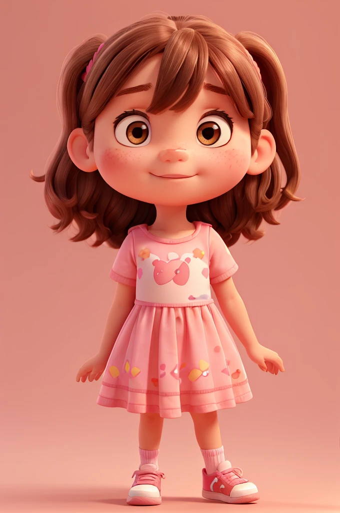 A 4 year old girl, fair skin, rectangular face, big brown eyes, messy long light brown hair with bangs, round medium cheeks, small nose, pink dress, red sneakers, pixar style, 3D, detailed face, 16k, asymmetrical, background transparent