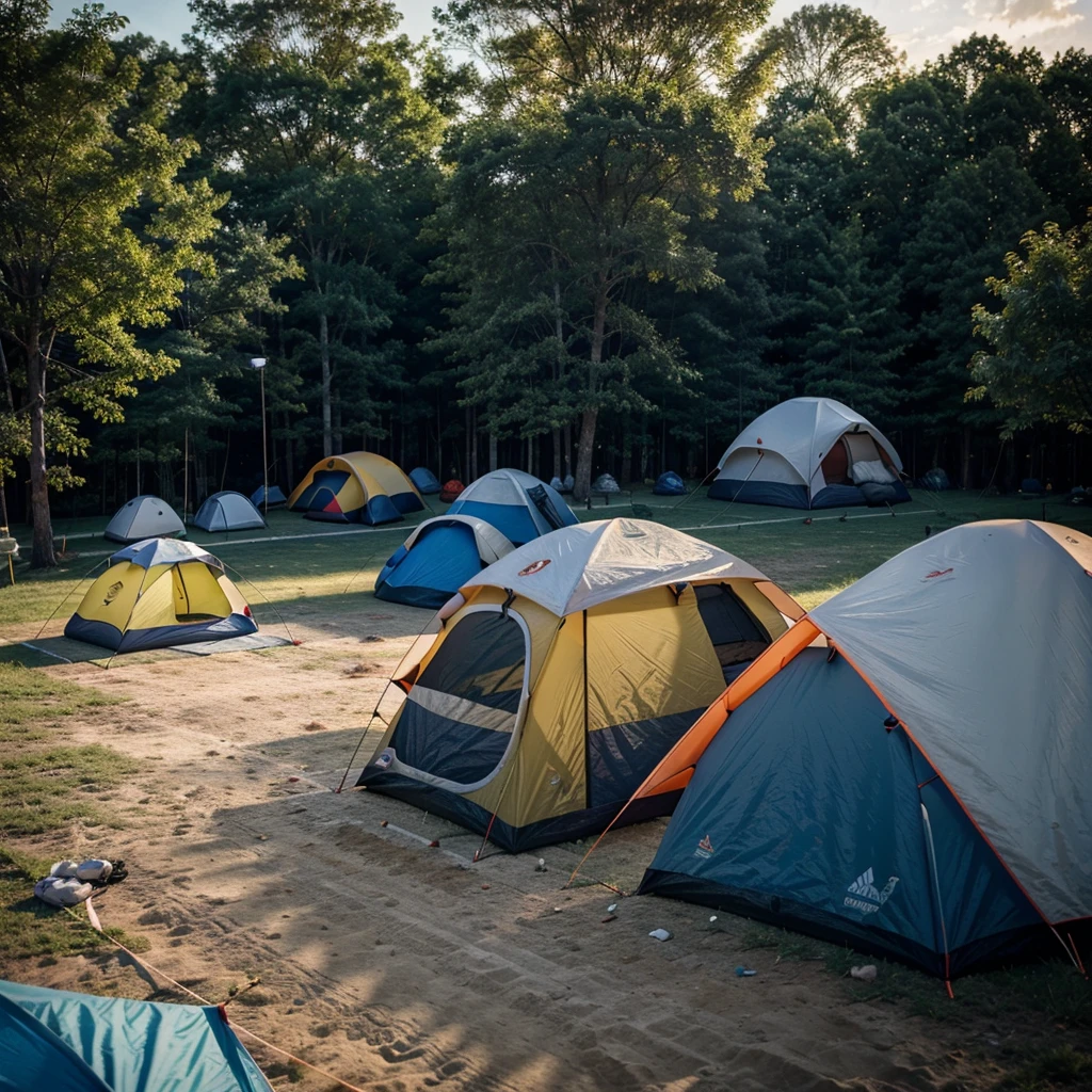 high detailed basketball court surrounded by camping tents in a school campground, realistic, photorealistic, cinematic, highly detailed, 8k, HDR, ultra-fine details, masterpiece, dramatic lighting, vivid colors, golden hour, swimming pool