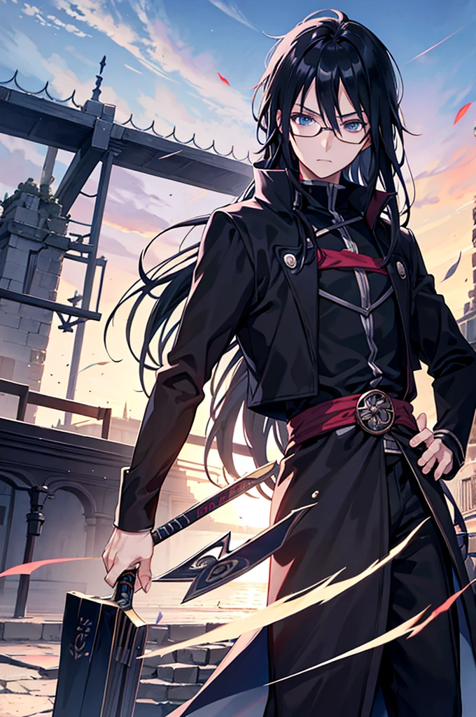 young, magician, long black hair, blue eyes, wears glasses, wears black magician's clothes, hair like Sasuke Uchiha's, long hair, cold and intellectual personality. Manly, medieval city background, adventurous magician.