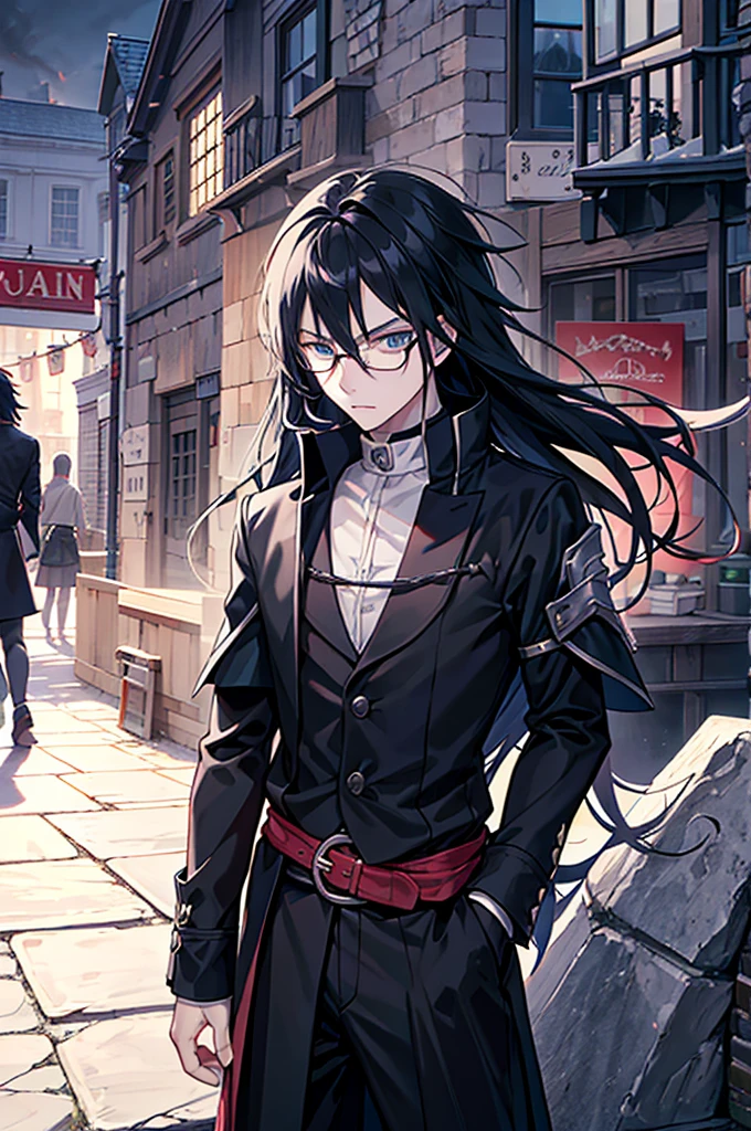 young, magician, long black hair, blue eyes, wears glasses, wears black magician's clothes, hair like Sasuke Uchiha's, long hair, cold and intellectual personality. Manly, medieval city background, adventurous magician.