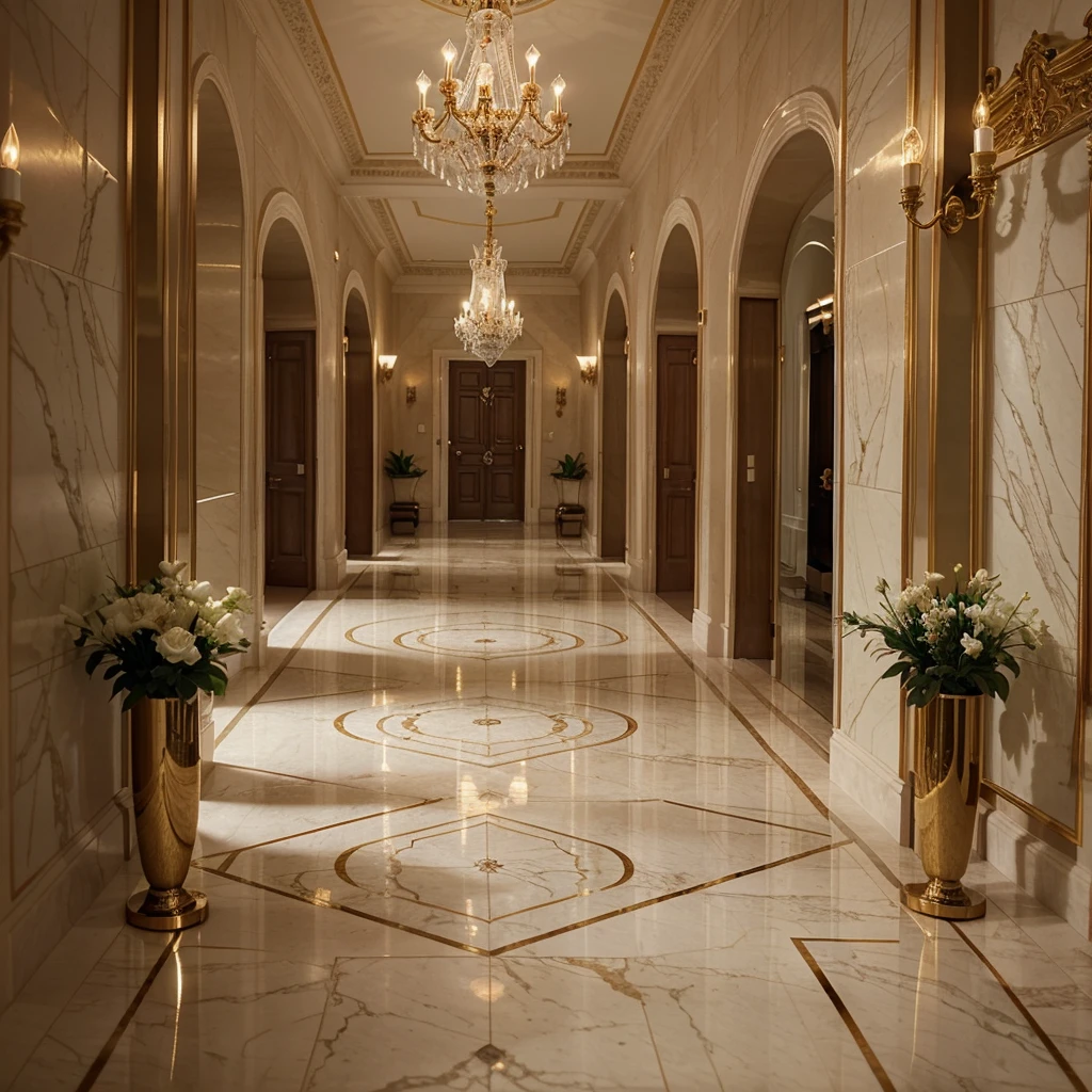 arafed hallway with vases and chandeliers and a chandelier, a portrait by Dan Christensen, pinterest, baroque, marble floors, luxurious environment, corridor, hallway, hallway landscape, marble floor, long hallway, marble room, hallways, shiny marble floor, inside a grand, neo - classical style, palatial scene, adjacent hallways