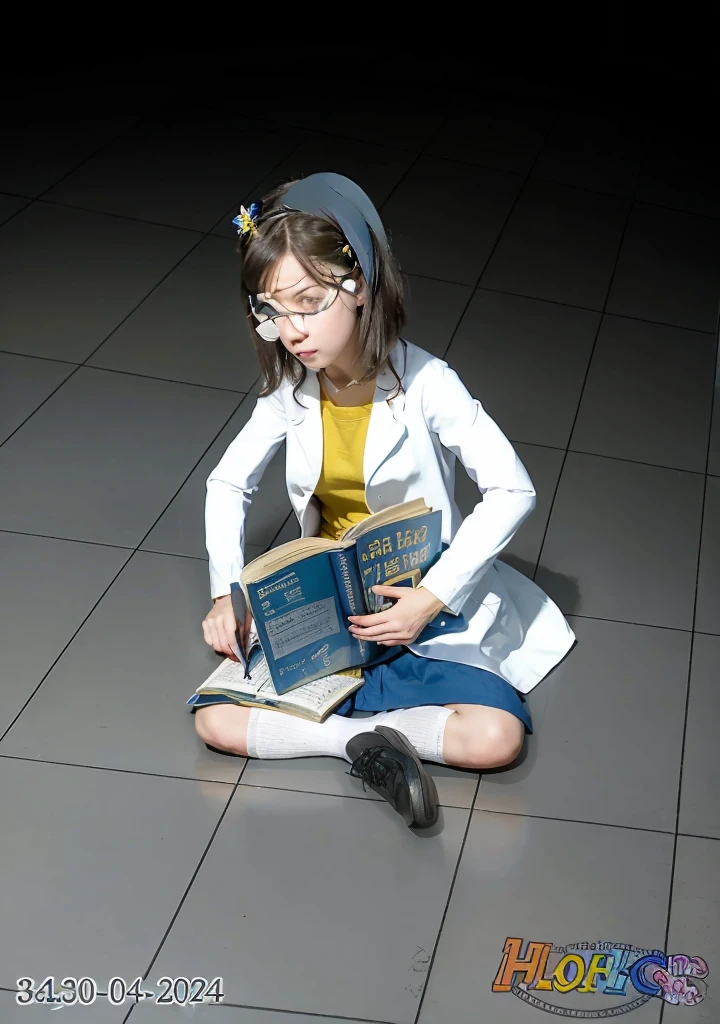 Realistic, Girl, dark hair, blue eyes, flower hairpin, white lab coat, yellow shirt, blue skirt, black shoes, white socks, dark blue calculus book,writing,studying on the floor, half dark room