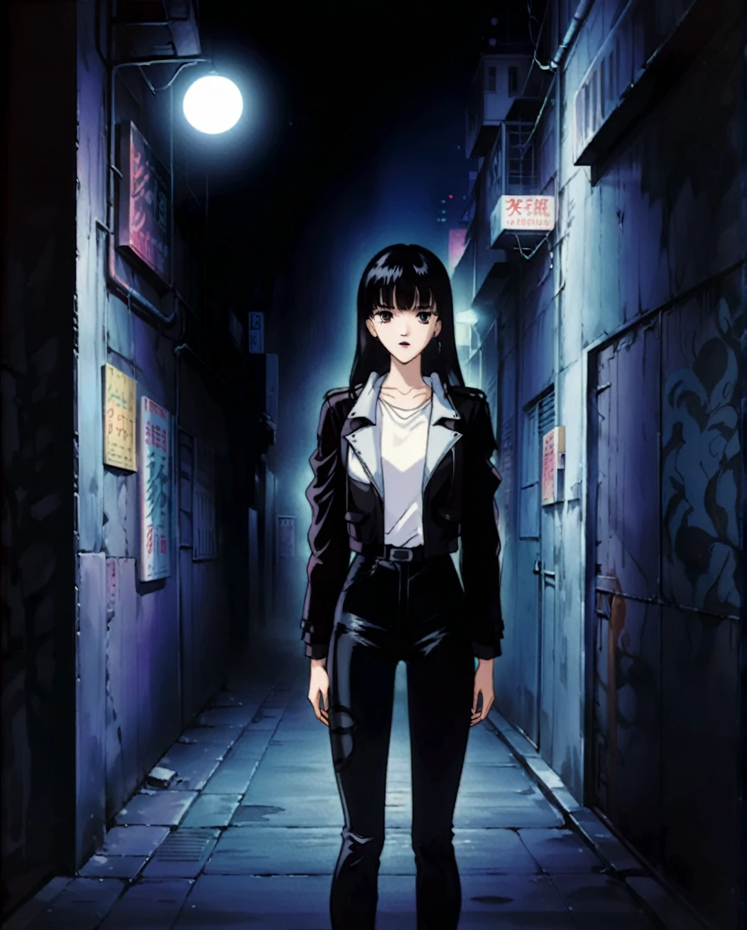 Masterpiece, photorealistic, highly detailed, a young woman with smooth  dark long black hair with bangs and black eyes and black lips, wearing leather jacket and leather pants, standing, looking at camera, in a gloomy smoke filled alley at night with a full moon, BREAK, Art style by Yoshiaki Kawajiri and Tsukasa Hojo and Toshihiro Kawamoto - -intricately detailed face - -80s and 90s anime still - -1980s retro anime - -1980s and 1990s anime retro nostalgia -highly detailed profile BREAK, ARISTYLE4, Soft Pastel -depth of field, Cinematic Angles, Dynamic angles, (((masterpiece))), perfect face, ((full body shot)),