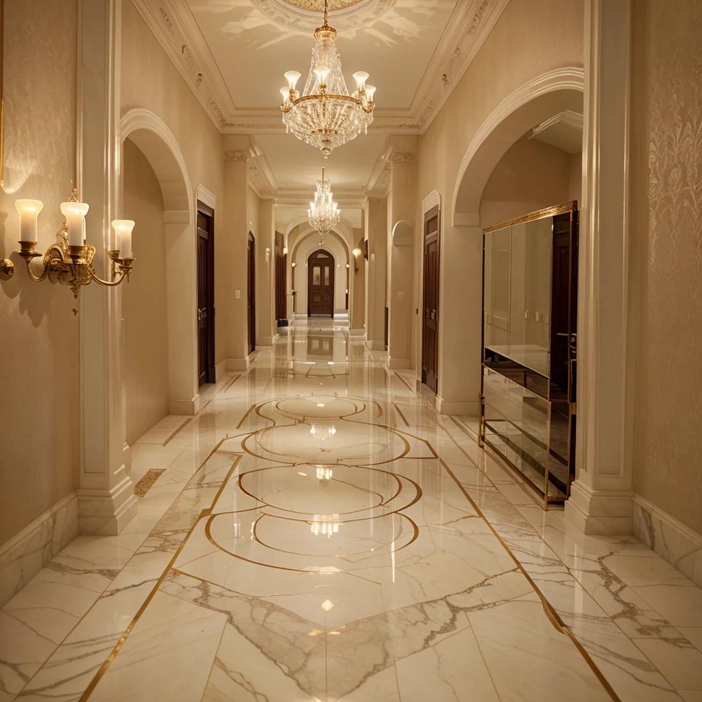 arafed hallway with vases and chandeliers and a chandelier, marble floors, luxurious environment, corridor, hallway, marble floor, hallway landscape, long hallway, marble room, hallways, shiny marble floor, inside a grand, neo - classical style, palatial scene, adjacent hallways, rich lighting, long hall way, luxury and elite