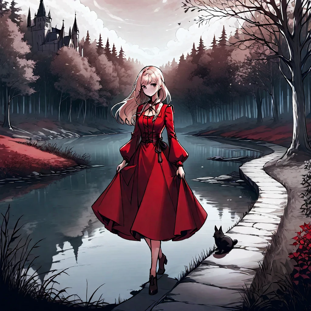 A beautiful young witch，Wearing a red dress（European medieval style，Gothic style），Walking alone in the woods of the park，There is a lake next to it.。Line drawing style，Suspenseful dark style。
