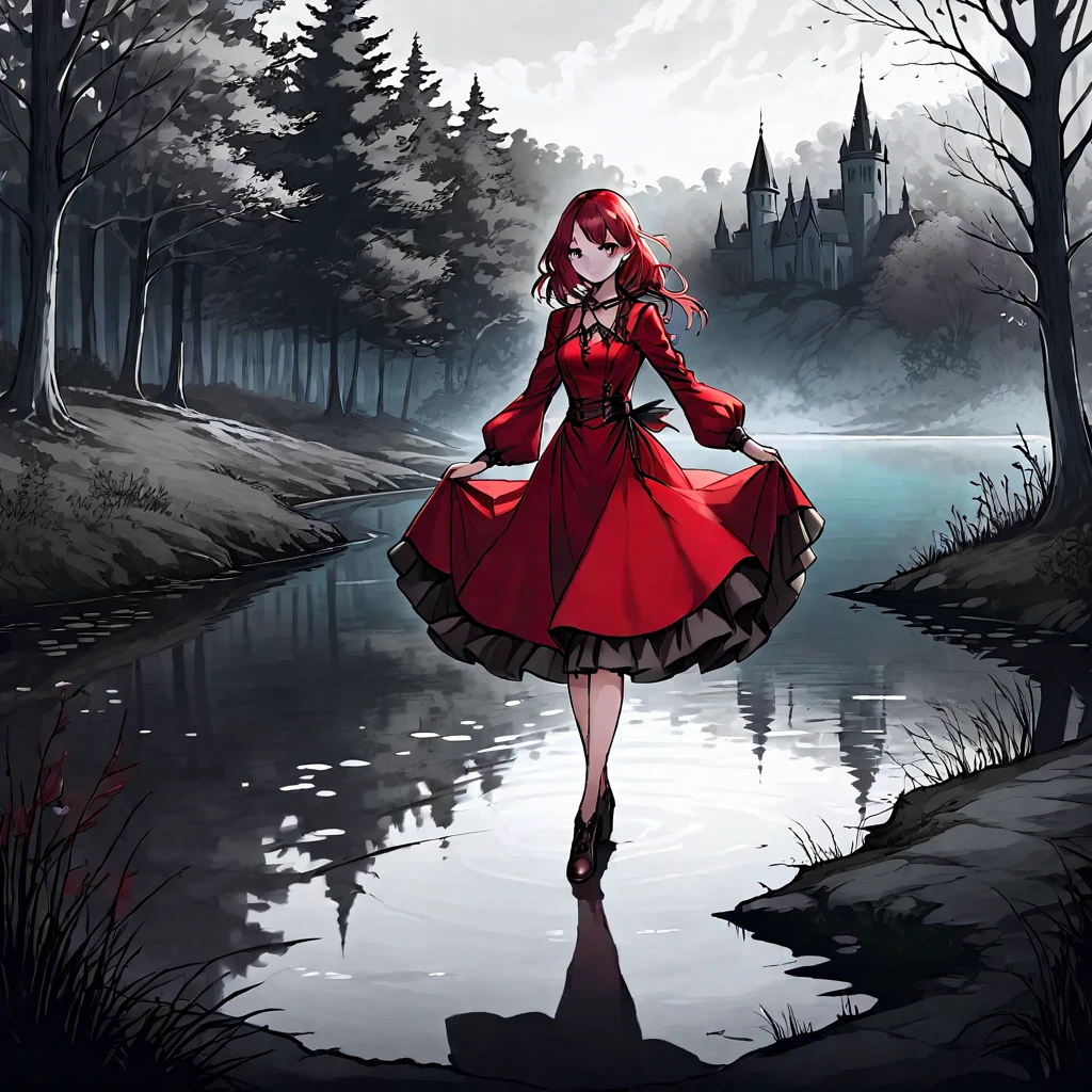 A beautiful young witch，Wearing a red dress（European medieval style，Gothic style），Walking alone in the woods of the park，There is a lake next to it.。Line drawing style，Suspenseful dark style。