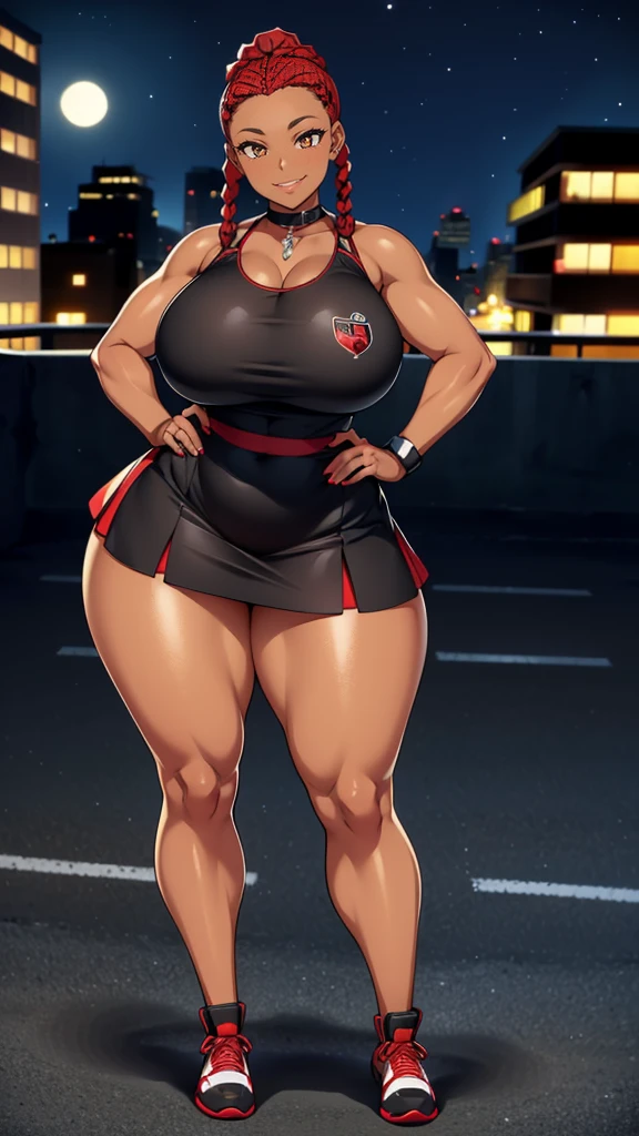 4K Quality, cute smile, over the shoulder pose, black and red skirt, black and red jordans, standing up, black and red braids, (dark skinned), thick thighs, big breasted, big ass, looking at viewer, amber eyes, night time, bedroom eyes, full body, city background, perfect face, perfect body, perfect eyes, full lips,