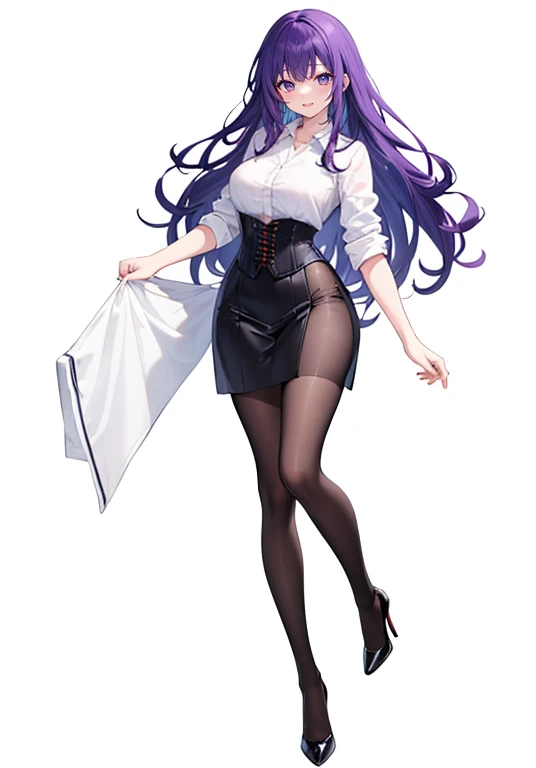 Purple hair,long hair,Adult female,suit,((White shirt)),((Rolling up your sleeves shirt)),(corset),(skirt),(slit),High heels,((Simple White background)),Smile,((Full body)),((whole body)),(((upright)))