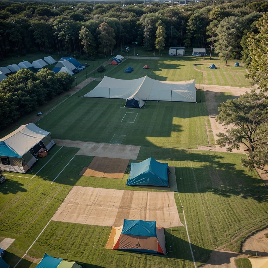 a aerial view high detailed basketball court and swimming pool surrounded by camping tents in a school campground, realistic, photorealistic, cinematic, highly detailed, 8k, HDR, ultra-fine details, masterpiece, dramatic lighting, vivid colors, golden hour, 