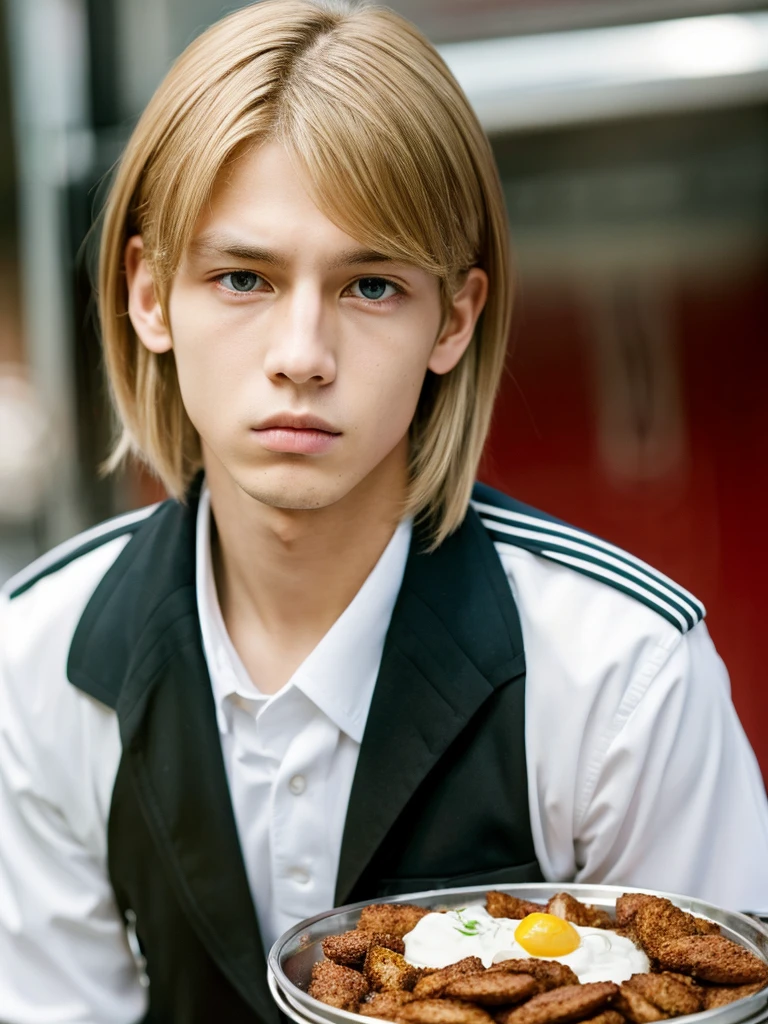 Slanted Eyes, Food, Gaze,uniform, One boy brown hair, Blonde, 