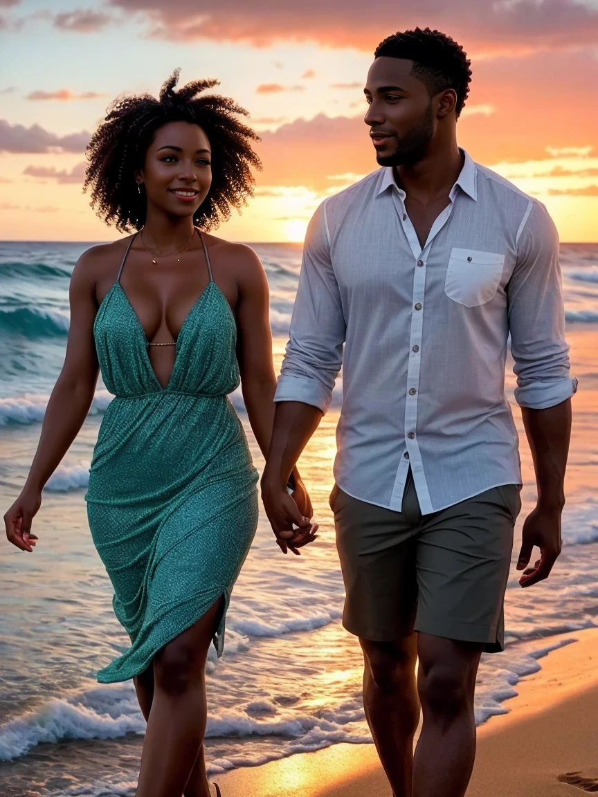 detailed portrait of a beautiful woman with green eyes, chocolate skin, and curly hair, walking on a beach with a handsome African-American man during a summer sunset, cinematic lighting, highly detailed, photorealistic, (best quality,4k,8k,highres,masterpiece:1.2),ultra-detailed,(realistic,photorealistic,photo-realistic:1.37),dramatic lighting,dramatic colors,vivid colors,stunning sunset sky,ocean waves,wet sand,romantic atmosphere