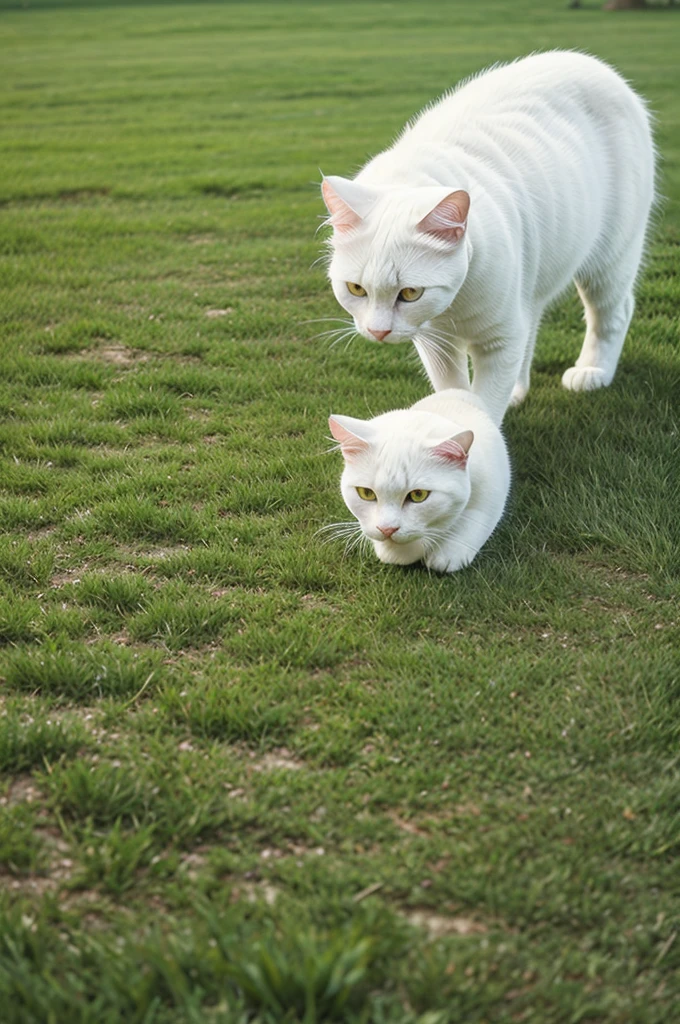 white cat is ground green grass boll playing