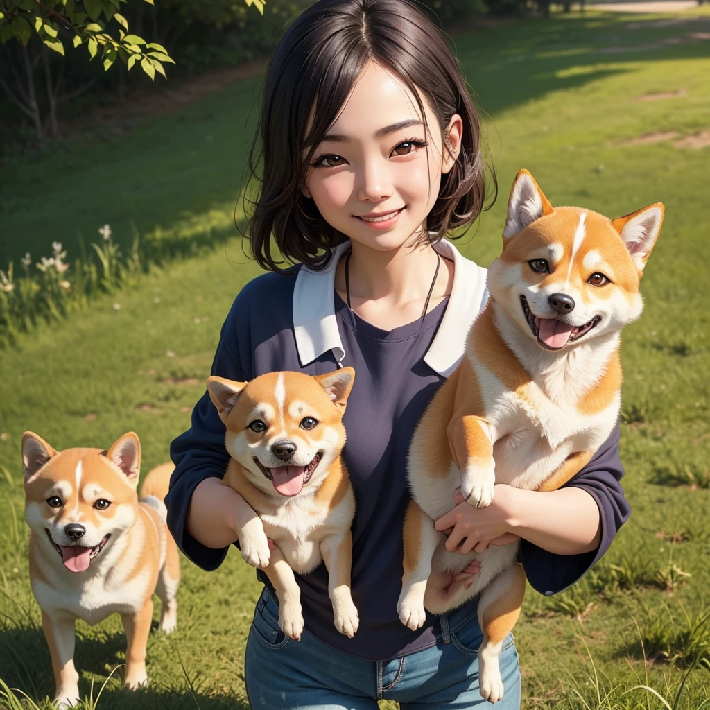 (Very cute face details), (Highest quality:1.4), 8k resolution, High resolution, 1 girl, pretty girl, So cute!, Very cute detailed face, Smooth Skin, Beautiful eyes with attention to detail, Fine skin, , Lips parted, Japanese, Low length, Casual Fashion, smile, Shiba Inu puppy, lead, Walking a Shiba Inu puppy, grassland