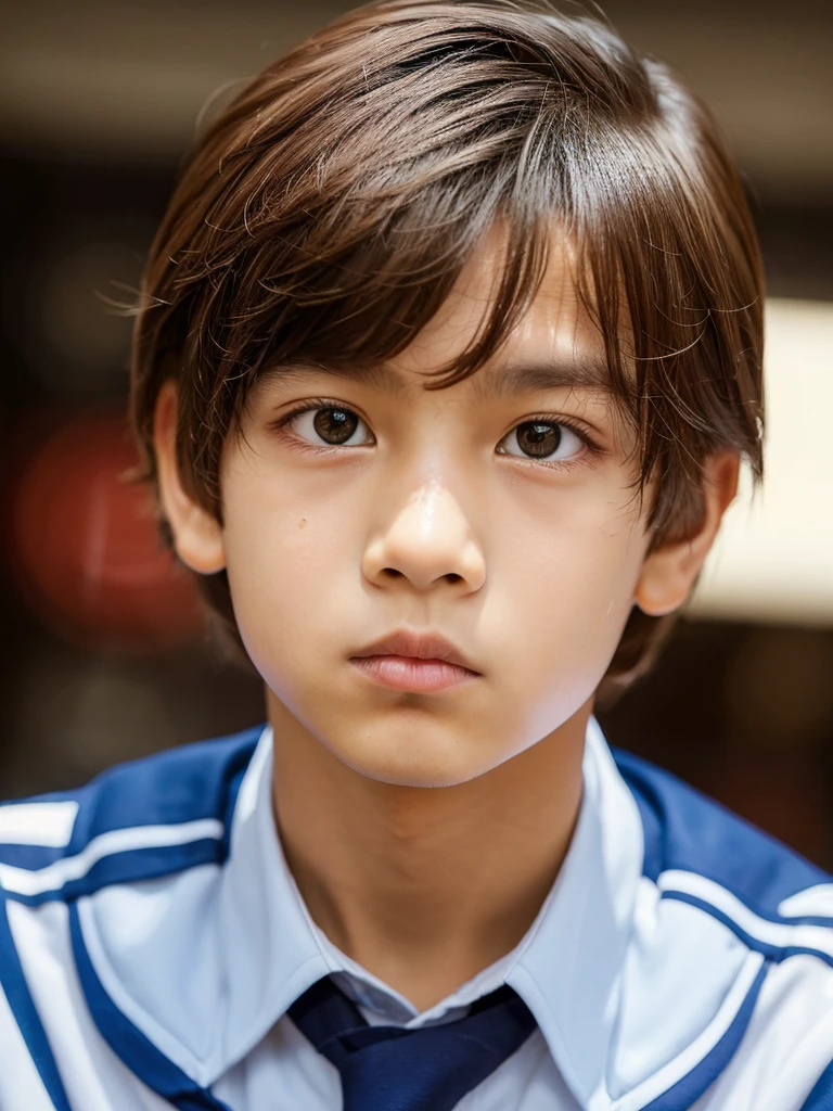 Slanted Eyes, Food, Gaze,uniform, One boy brown hair,