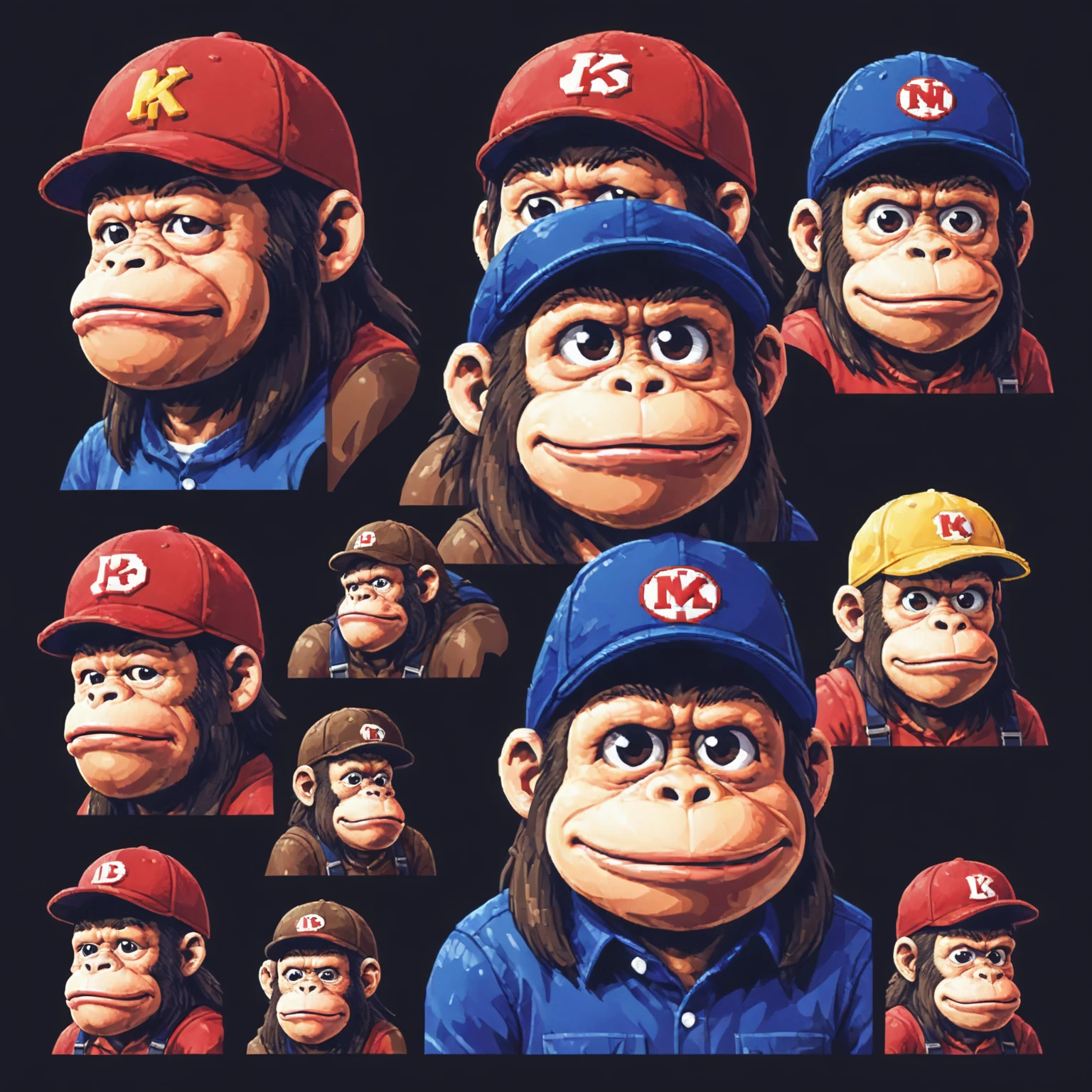 a close up of a person with a baseball cap on, bored ape nft, donkey kong, 2 d sprite, clever monkey with a long knife, character with a hat, archwizzard in a hat, monkey, pixel art sprite, 8bit, 8 bit, bored ape, pixel art animation, 8-bit, 8 - bit