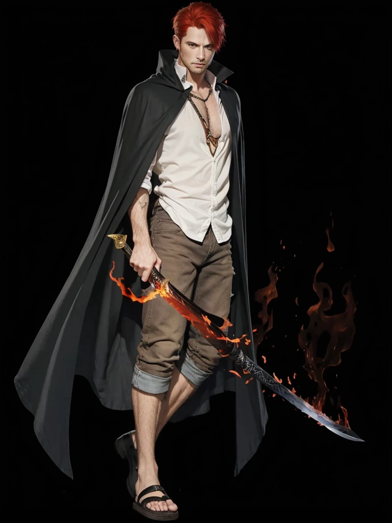 A man with red hair, with a black cape, in white shirt, com short jeans marron, holding in his hand a sword with flaming black fire