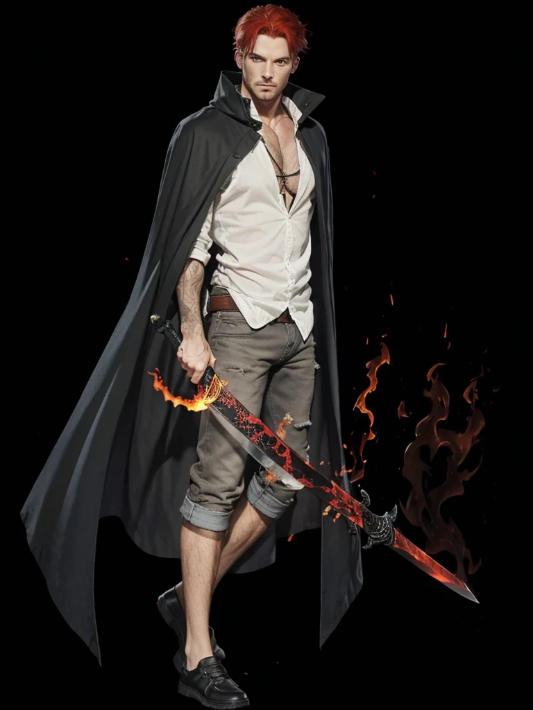 A man with red hair, with a black cape, in white shirt, com short jeans marron, holding in his hand a sword with flaming black fire