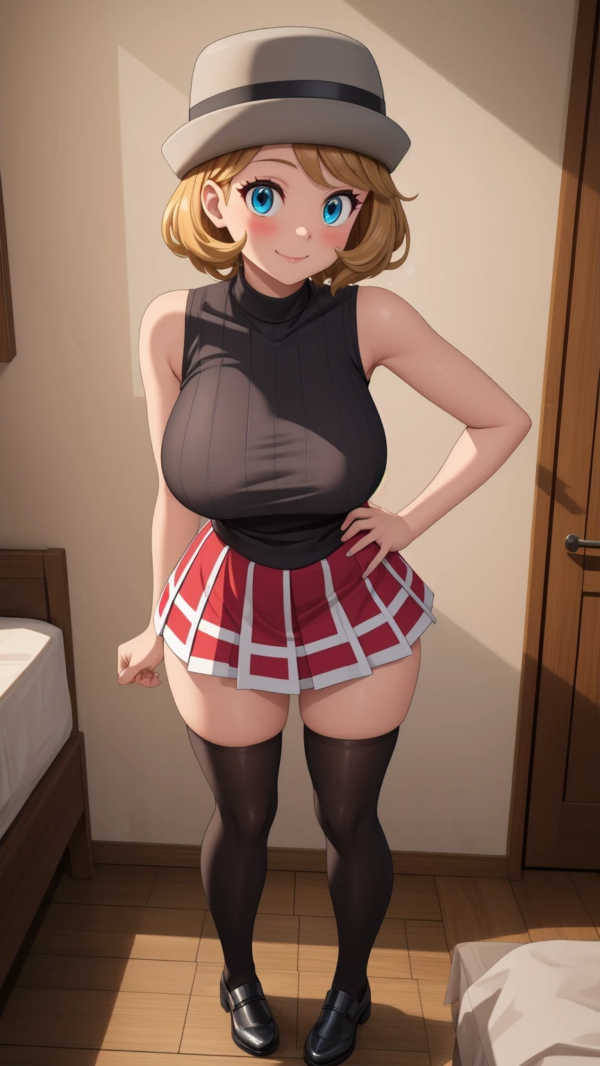 ((Nsfw)), pkmnserena, full body, Burst, 1girl, solo, mature girl, blue eyes, blonde hair, short hair, bangs, hat, grey headwear,
black shirt, turtleneck, sleeveless, red skirt, pleated skirt, black thighhighs, big breast, 
smile,closed mouth,cowboy shot,sexy pose,
Bedroom, indoor,
(insanely detailed, beautiful detailed face, masterpiece, best quality) cinematic lighting,