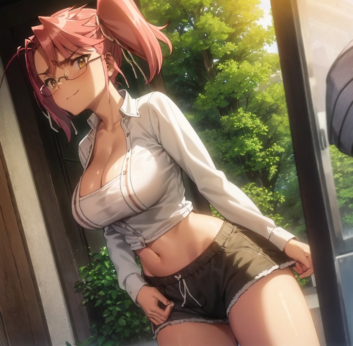 ((1girl)),((alone)),takagi saya,(masterpiece), (best quality), (ultra detailed), (best illustration), (best shadow), (absurdities), sharp focus, cowboy photo , looking at viewer, big breasts, narrow waist, wide hips, medium thighs, round butt, dynamic posture, pink hair, two pigtails, glasses, underwear, shorts, panties, breasts, open fly, ribbon, navel, big breasts, pink camisole, cleavage, smile, bowknot panties, two sides up, abdomen, unbuttoned, black shorts, open shorts, denim, sitting, unbuttoned, long hair, skirt, serafuku, , ribbon, yellow eyes, seductive smile, closed mouth, (sexy pose: 1.2),(( solo)), standing: 1.3, outdoor, cityscape, streets, city, looking forward, ((focus on the thighs), point of view (from below), red blush, perfect anatomy, perfect hands