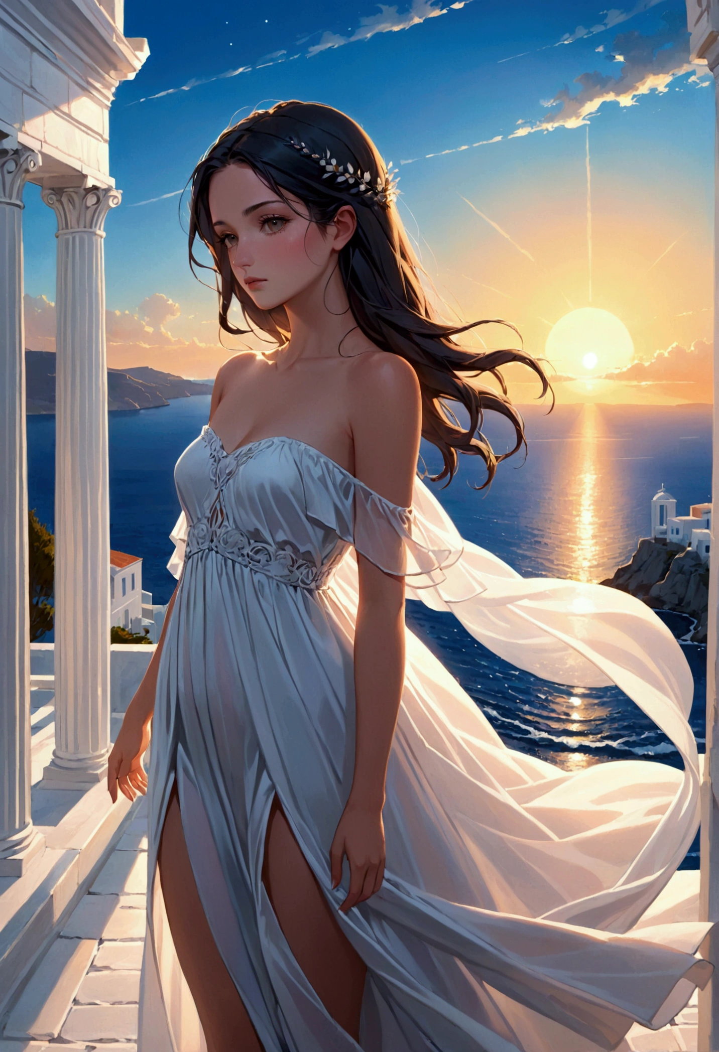 Une belle fille de peau noir, portant une robe longue blanche à épaules dénudées regardant le magnifique coucher de soleil à mycanos greece.