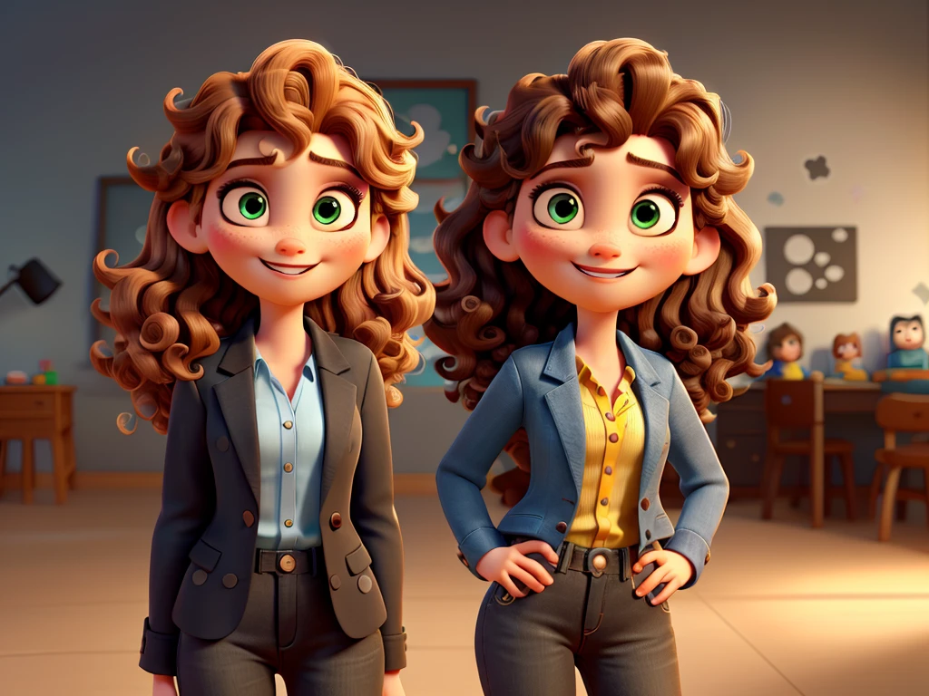 a one woman, with curly brown hair with highlights, smiling round face and blue eyes, wearing gray shirt, black blazer, and black jeans. full - length portrait, looking at the camera, 3d, Pixar-style, animated cartoon. Background with wall in the background with red puzzle, cerulean, green and yellow 