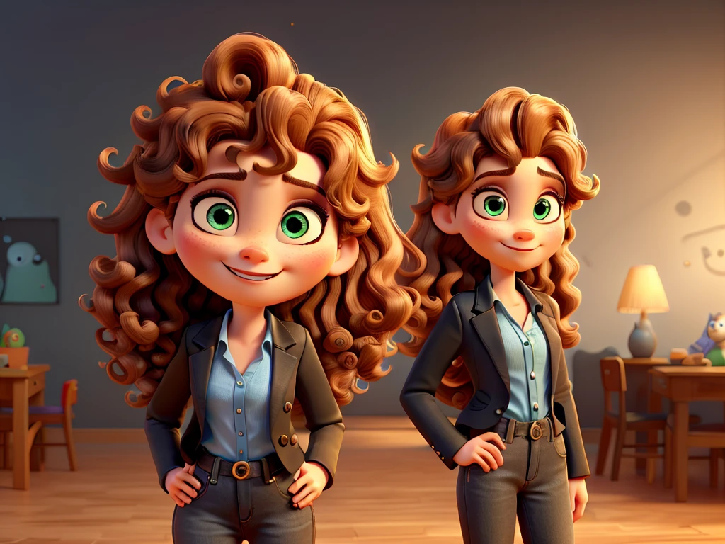 a one woman, with curly brown hair with highlights, smiling round face and blue eyes, wearing gray shirt, black blazer, and black jeans. full - length portrait, looking at the camera, 3d, Pixar-style, animated cartoon. Background with wall in the background with red puzzle, cerulean, green and yellow 