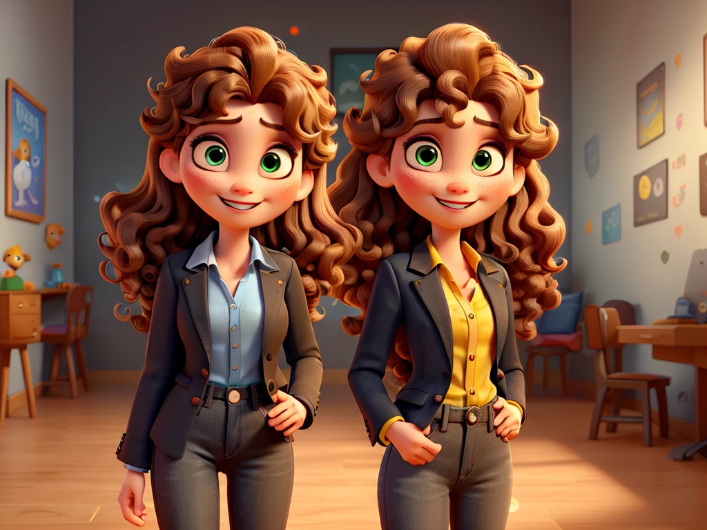 a one woman, with curly brown hair with highlights, smiling round face and blue eyes, wearing gray shirt, black blazer, and black jeans. full - length portrait, looking at the camera, 3d, Pixar-style, animated cartoon. Background with wall in the background with red puzzle, cerulean, green and yellow 