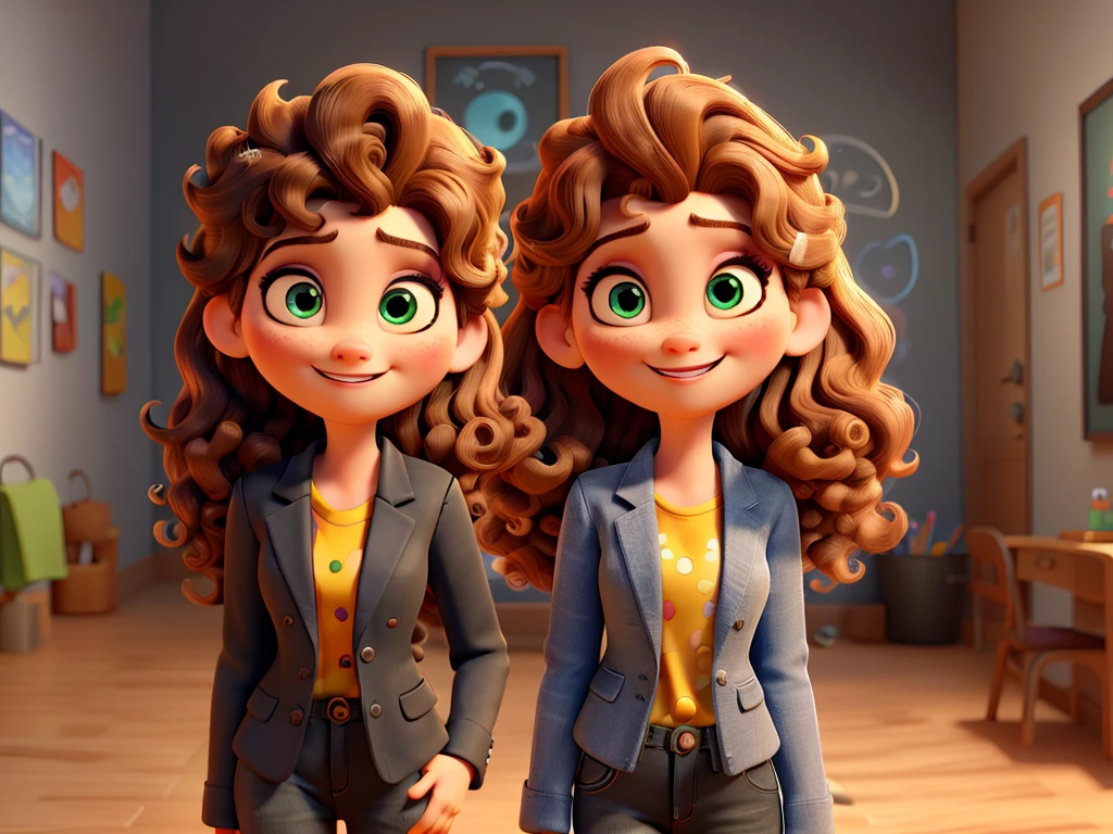 a one woman, with curly brown hair with highlights, smiling round face and blue eyes, wearing gray shirt, black blazer, and black jeans. full - length portrait, looking at the camera, 3d, Pixar-style, animated cartoon. Background with wall in the background with red puzzle, cerulean, green and yellow 