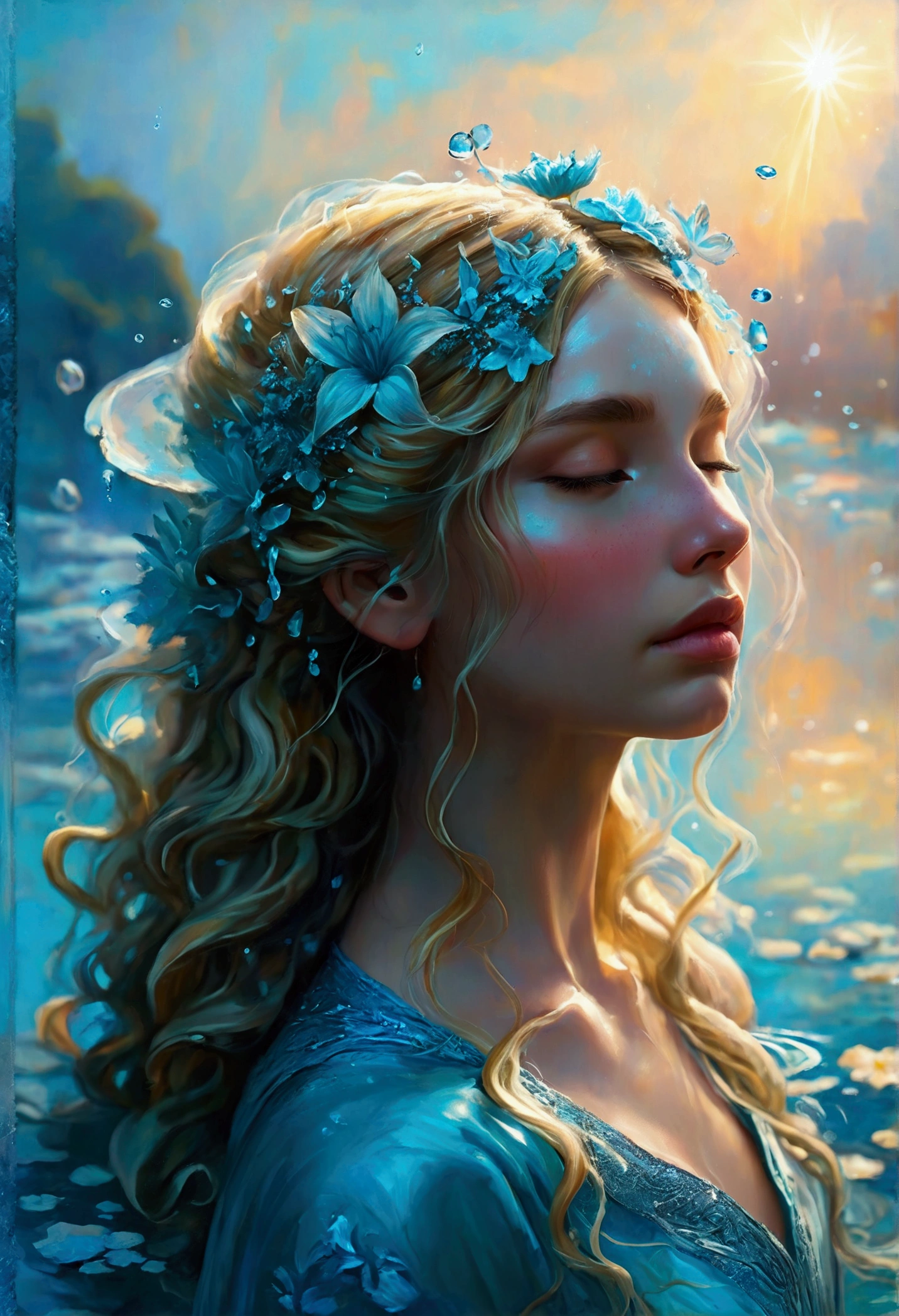 Create a detailed and expressive painting of a goddess with long blonde hair in the foreground. She should be centred in the frame, with her head slightly tilted back, her eyes closed and her expression completely serene. Her shoulders should be visible, framing her face, while the rest of her body is outside the frame. The background should represent a watery halo around her head, composed of vibrant shades of turquoise and dark blue. This halo should create a serene, flowing effect, blending harmoniously with the goddess's hair to convey movement and lightness. Include elements characteristic of water, whether flora or fauna. Use soft lighting to highlight the contours of her face and the texture of her hair, creating a subtle contrast with the aquatic background. Add details such as fish, sea life or marine flora. The artistic style should focus on intricate details and ethereal elements, ensuring a composition that feels divine and evocative of the water element. Keep the tones cool and the textures fine to accurately capture the essence of the water element.