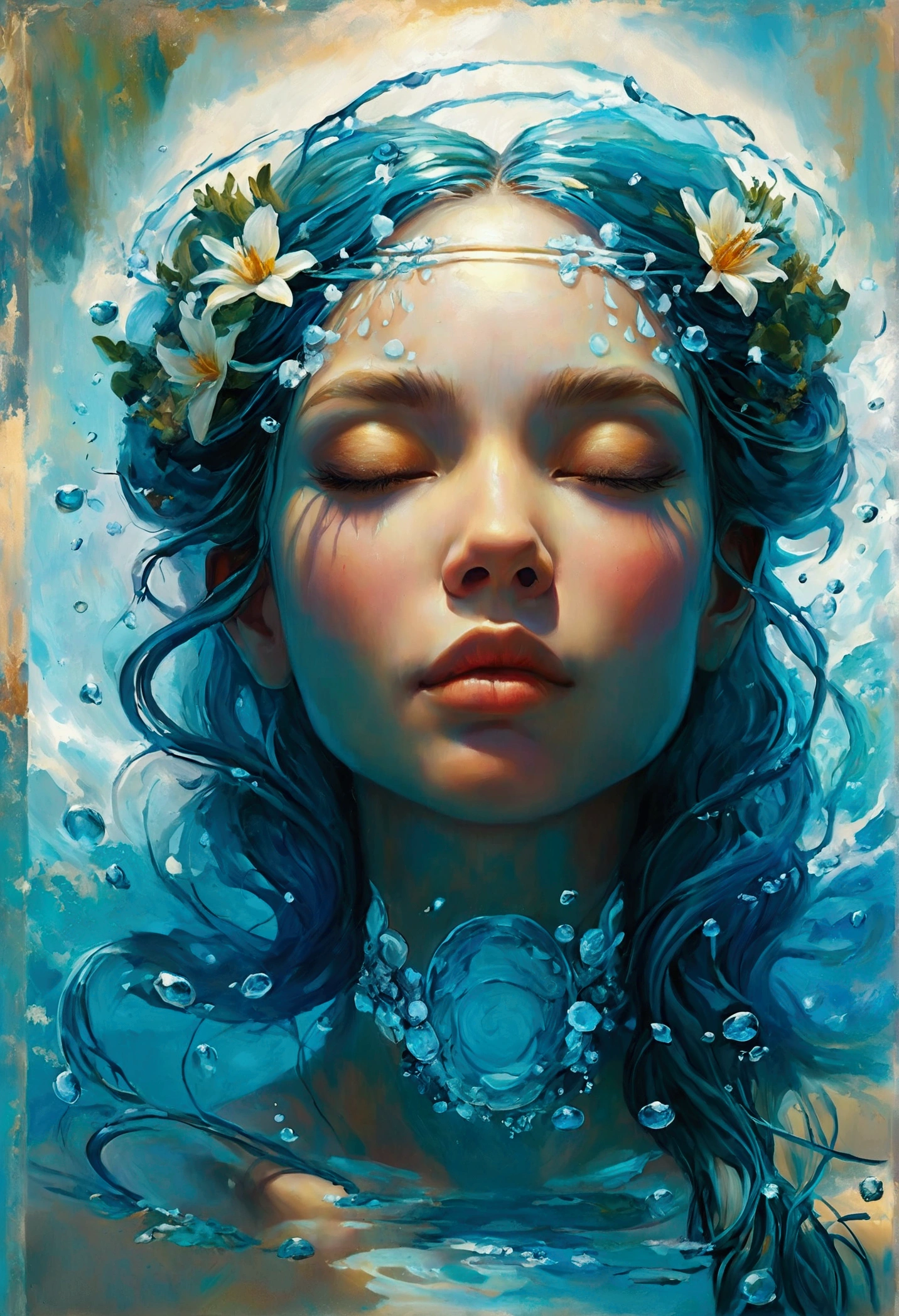 Create a detailed and expressive painting of a goddess with long blonde hair in the foreground. She should be centred in the frame, with her head slightly tilted back, her eyes closed and her expression completely serene. Her shoulders should be visible, framing her face, while the rest of her body is outside the frame. The background should represent a watery halo around her head, composed of vibrant shades of turquoise and dark blue. This halo should create a serene, flowing effect, blending harmoniously with the goddess's hair to convey movement and lightness. Include elements characteristic of water, whether flora or fauna. Use soft lighting to highlight the contours of her face and the texture of her hair, creating a subtle contrast with the aquatic background. Add details such as fish, sea life or marine flora. The artistic style should focus on intricate details and ethereal elements, ensuring a composition that feels divine and evocative of the water element. Keep the tones cool and the textures fine to accurately capture the essence of the water element.