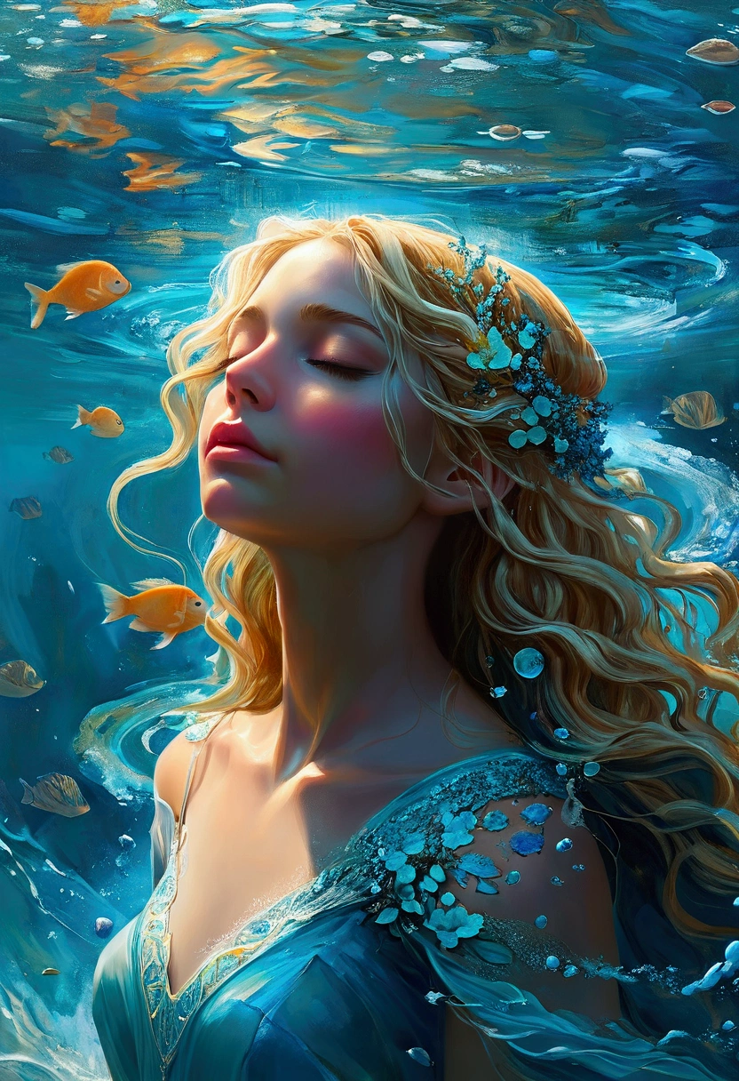 Create a detailed and expressive painting of a goddess with long blonde hair in the foreground. She should be centred in the frame, with her head slightly tilted back, her eyes closed and her expression completely serene. Her shoulders should be visible, framing her face, while the rest of her body is outside the frame. The background should represent a watery halo around her head, composed of vibrant shades of turquoise and dark blue. This halo should create a serene, flowing effect, blending harmoniously with the goddess's hair to convey movement and lightness. Include elements characteristic of water, whether flora or fauna. Use soft lighting to highlight the contours of her face and the texture of her hair, creating a subtle contrast with the aquatic background. Add details such as fish, sea life or marine flora. The artistic style should focus on intricate details and ethereal elements, ensuring a composition that feels divine and evocative of the water element. Keep the tones cool and the textures fine to accurately capture the essence of the water element.