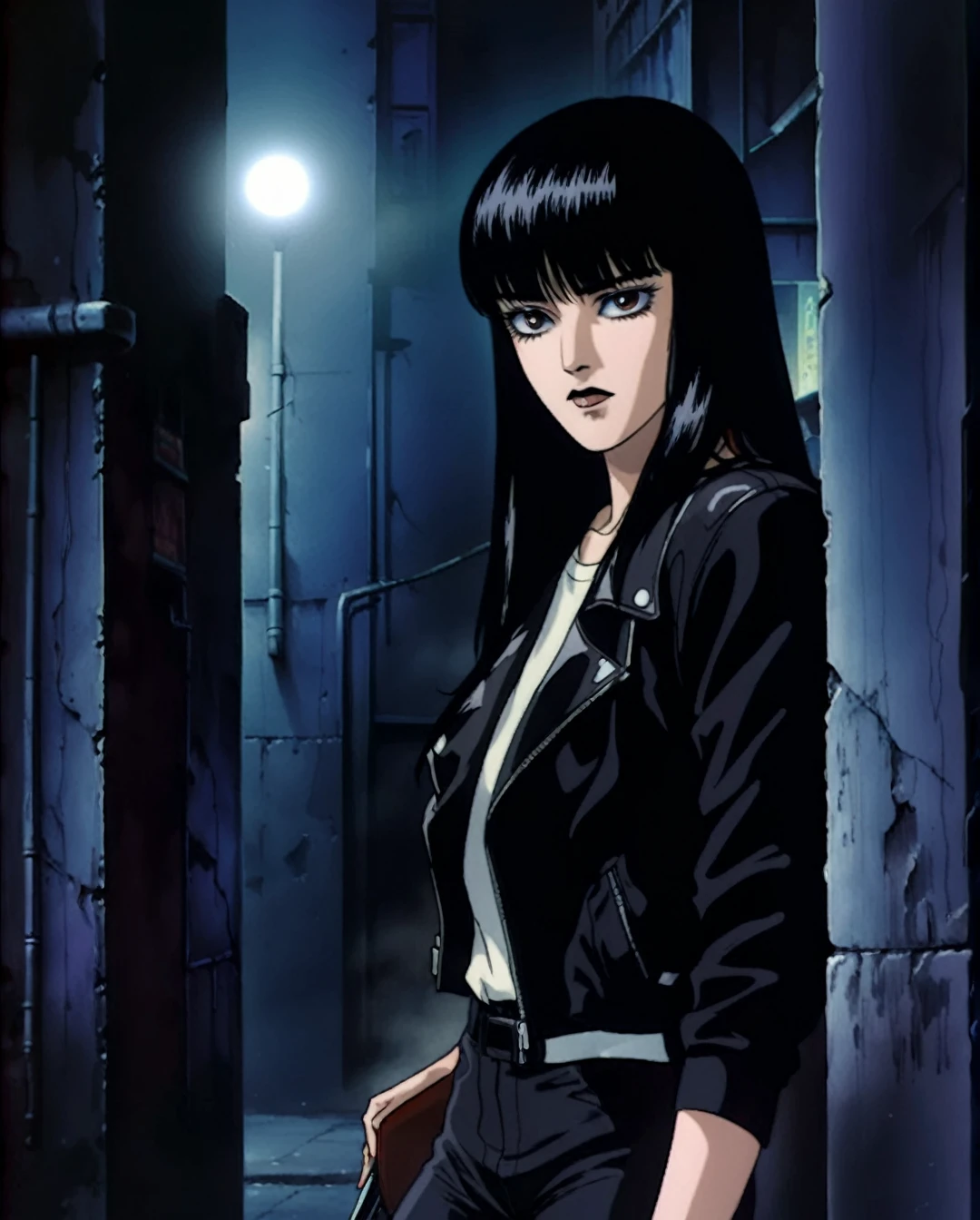 Masterpiece, photorealistic, highly detailed, a young woman with smooth  dark long black hair with bangs and black eyes and black lips, wearing leather jacket and leather pants, standing, looking at camera, in a gloomy smoke filled alley at night with a full moon, BREAK, Art style by Yoshiaki Kawajiri and Tsukasa Hojo and Toshihiro Kawamoto - -intricately detailed face - -80s and 90s anime still - -1980s retro anime - -1980s and 1990s anime retro nostalgia -highly detailed profile BREAK, ARISTYLE4, Soft Pastel -depth of field, Cinematic Angles, Dynamic angles, (((masterpiece))), perfect face, ((full body shot)),