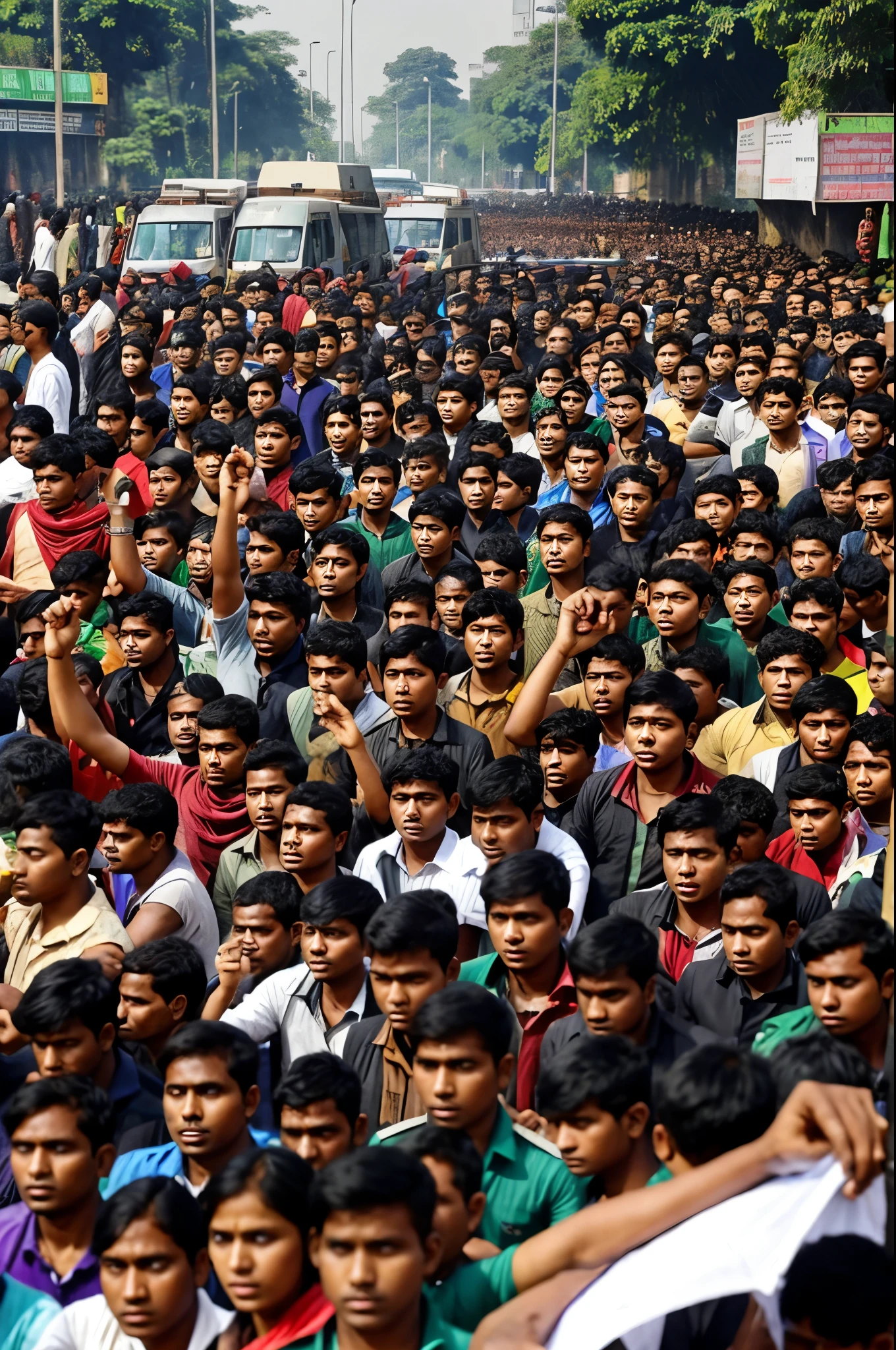 Make photo of Dhaka University, Millions of students are protesting, police also stand Beside them, and a add the text ' All eyes on Bangladeshi students '