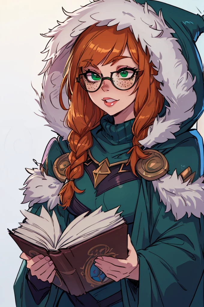 masterpiece, best quality, 1female, bunny ears, beautiful, aurora (league of legends), 1girl, freckles, bangs, braid, green cloak, fur trim, hood up, round optical eyewear, holding book, open book, bunny girl, cheerful
