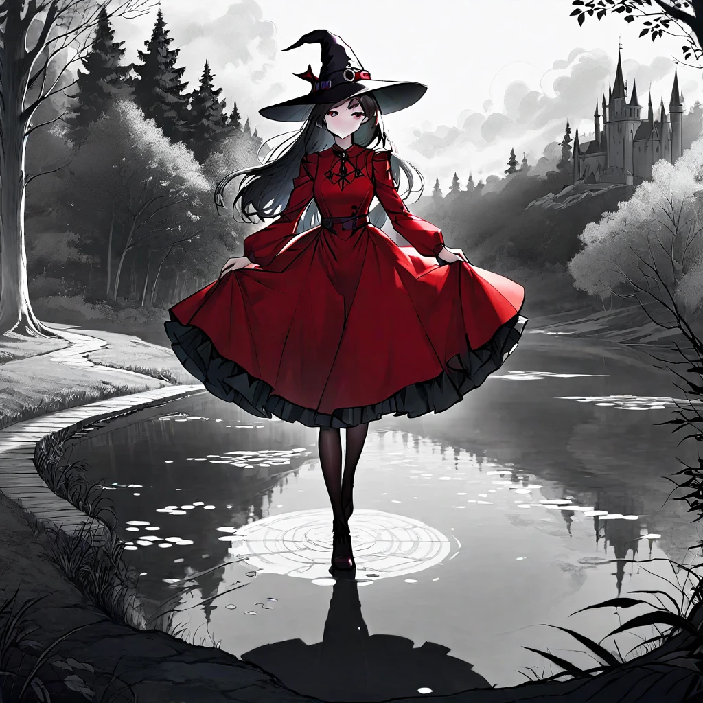 (best quality, 8k, panoramic, masterpiece) A beautiful young witch，Wearing a red dress（European medieval style，Gothic style），Walking alone in the woods of the park，There is a lake next to it.。Line drawing style，Suspenseful dark style。