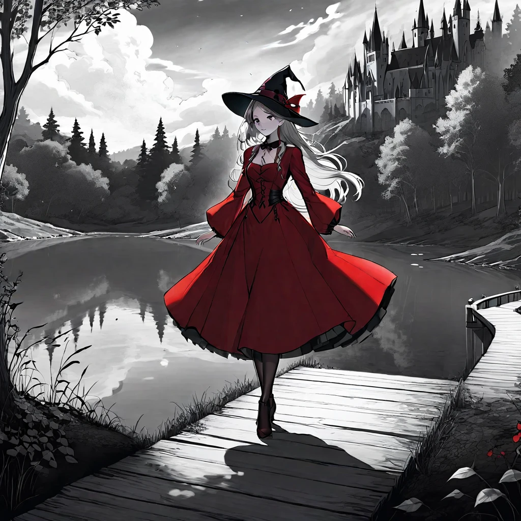 (best quality, 8k, panoramic, masterpiece) A beautiful young witch,Wearing a red dress(European medieval style,Gothic style),Walking alone in the woods of the park,There is a lake next to it.。Line drawing style,Suspenseful dark style。