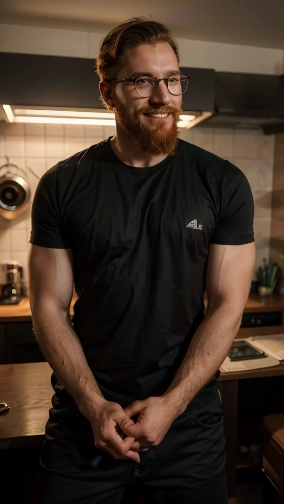 A portrait of a muscular redhead bearded man with short hair and a long beard wearing glasses, wearing shirt, looking at the telescope, night, smile(Best quality, 4k, Masterpiece :1.3)