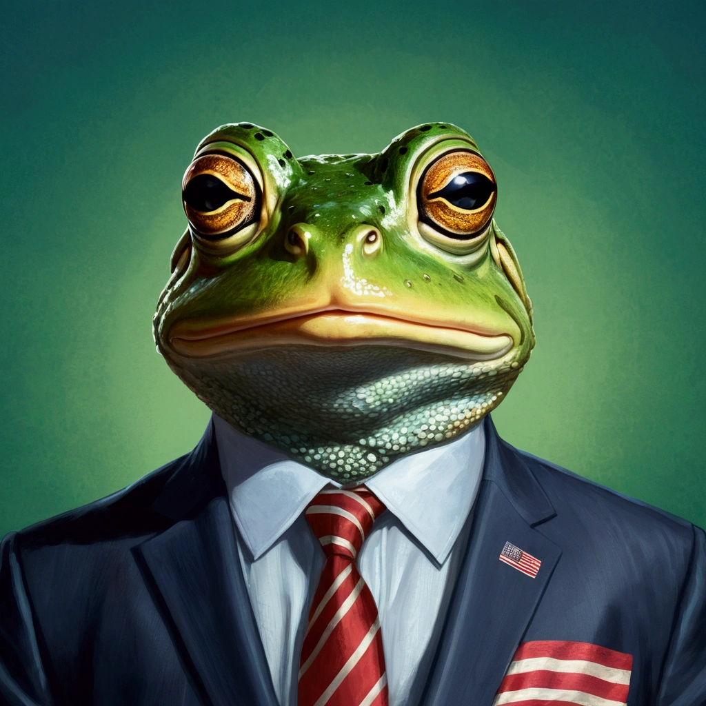 High-quality illustration of a frog-like politician, Portray the frog man with a striking and realistic expression.