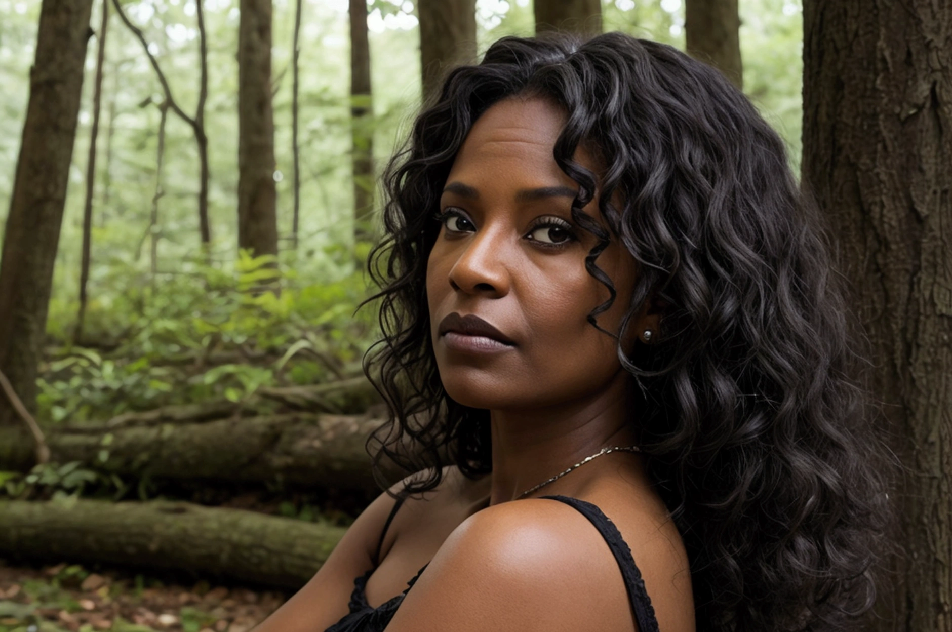 adult woman face,
black, dark skin color, curly hair, age 50 years old, pensive, reflecting, looking at the forest
