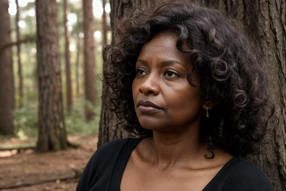 adult woman face,
black, dark skin color, curly hair, age 50 years old, pensive, reflecting, looking at the forest