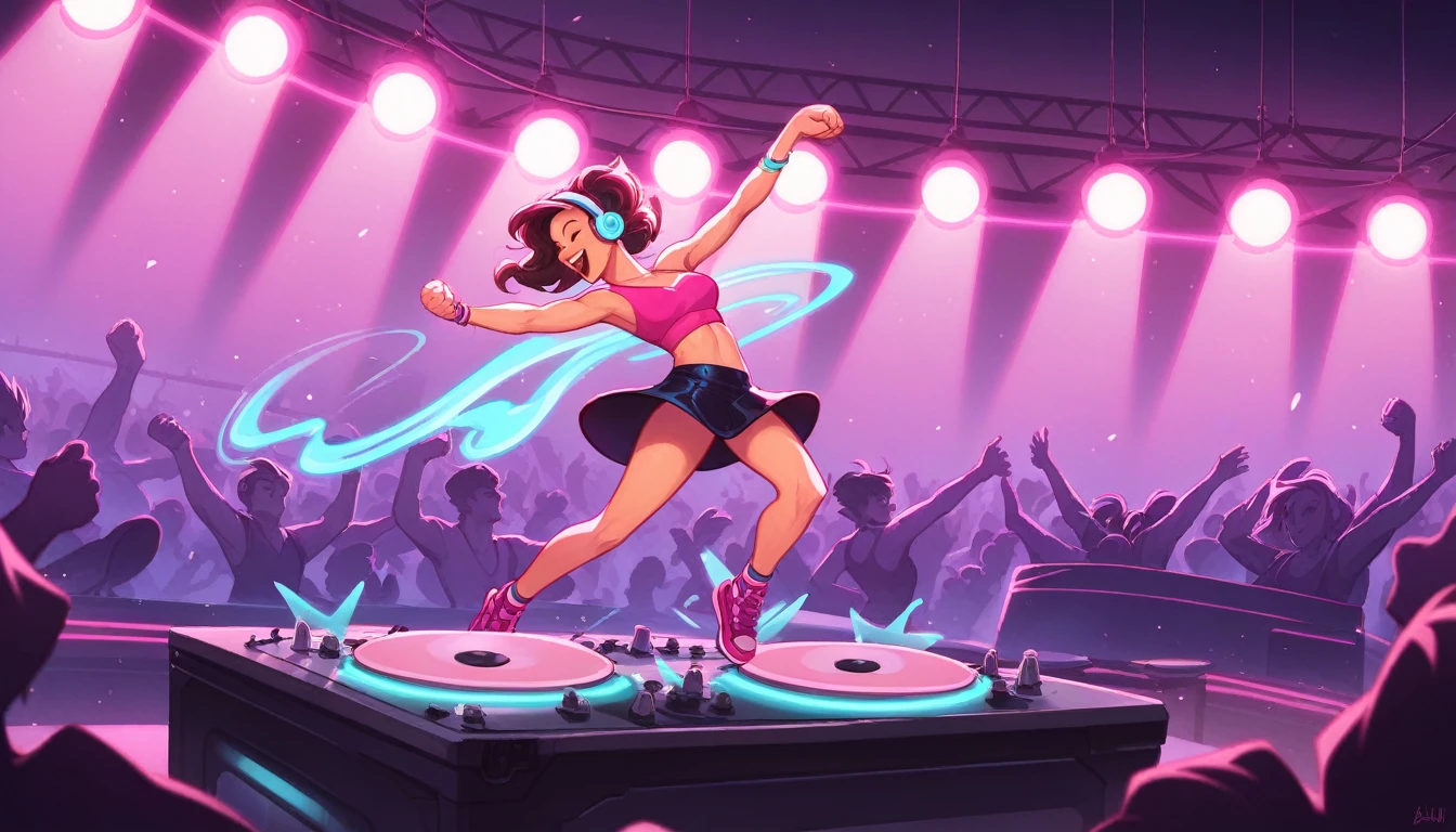Female DJ, Energetic, self-assured,  atmosphere, Turntable, Earphone, fashionable attire, Vibrant colors, Neon lights, smoke effect, Dancing crowd, Hands in the air, Stage, Mix music, Strong gaze, Enchanted smile, Bass drops, techno music, Club atmosphere, Laser light, Strobe light, stage light, Dynamic pose, Fist pumping, Skilled DJ skills