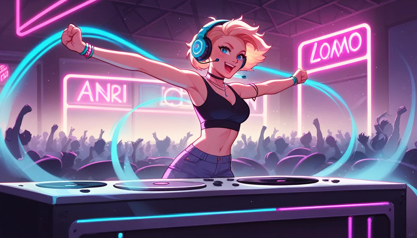Female DJ, Energetic, self-assured, atmosphere, Turntable, Earphone, fashionable attire, Vibrant colors, Neon lights, smoke effect, Dancing crowd, Hands in the air, Stage, Mix music, Strong gaze, Enchanted smile, Bass drops, techno music, Club atmosphere, Laser light, Strobe light, stage light, Dynamic pose, Fist pumping, Skilled DJ skills