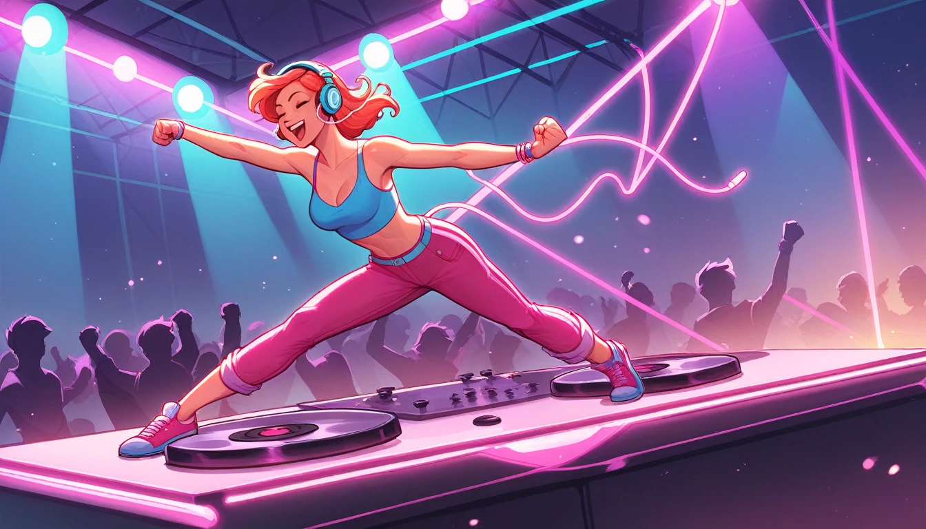 Female DJ, Energetic, self-assured, atmosphere, Turntable, Earphone, fashionable attire, Vibrant colors, Neon lights, smoke effect, Dancing crowd, Hands in the air, Stage, Mix music, Strong gaze, Enchanted smile, Bass drops, techno music, Club atmosphere, Laser light, Strobe light, stage light, Dynamic pose, Fist pumping, Skilled DJ skills