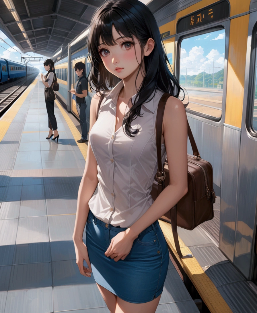 realistic anime illustration of a young beautiful black hair woman waiting train at platform, she wearing black sleeveless collared shirt, light-blue denim pencil skirt, and black heel sandals, (1girl, solo, full body), (masterpiece, best quality), vivid colors