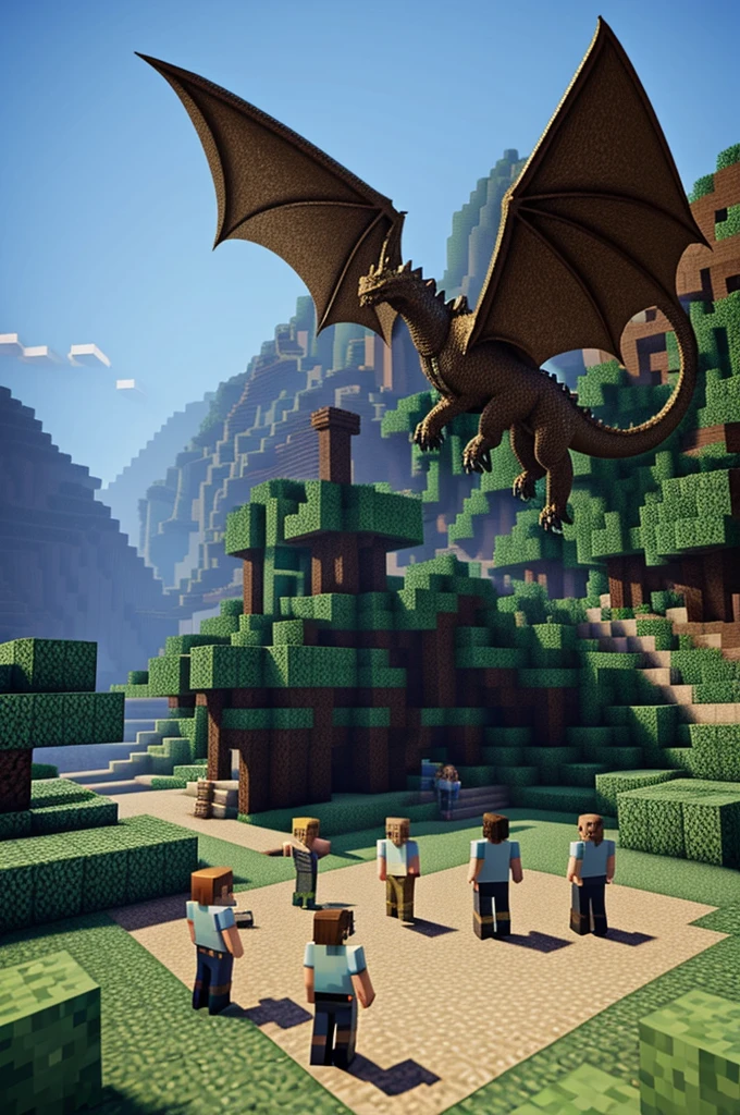 A Minecraft style image with 5 people with stone objects and a large text on the back that says "killing the dragon"