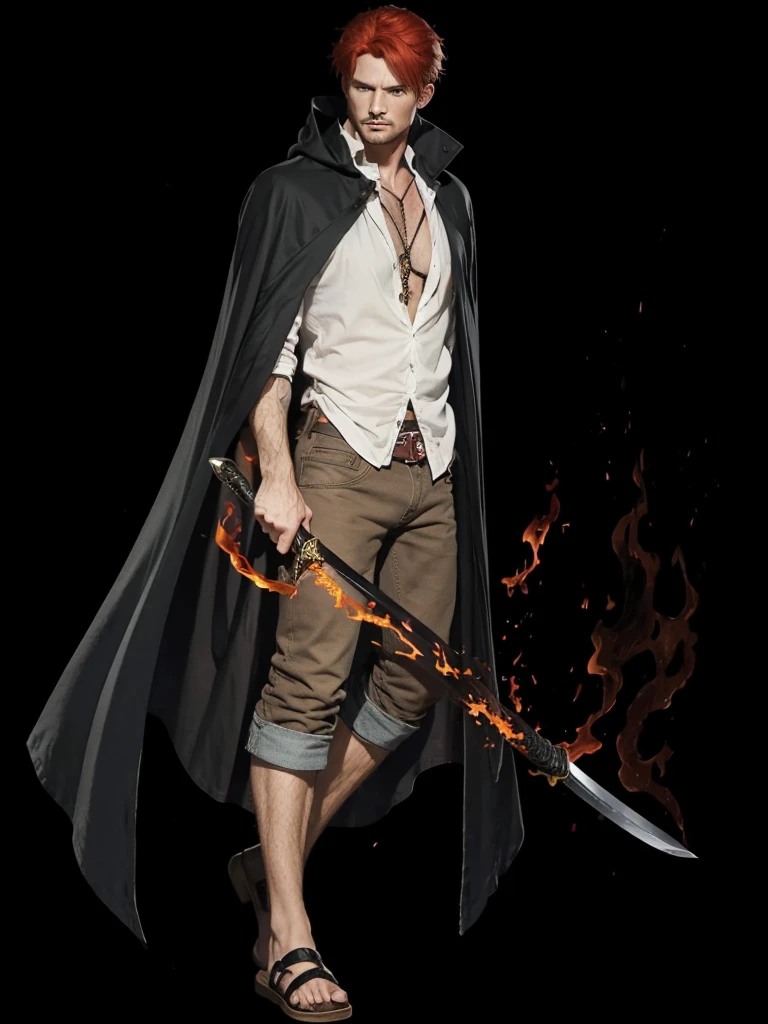 A man with red hair, with a black cape, in white shirt, com short jeans marron, holding in his hand a sword with flaming black fire