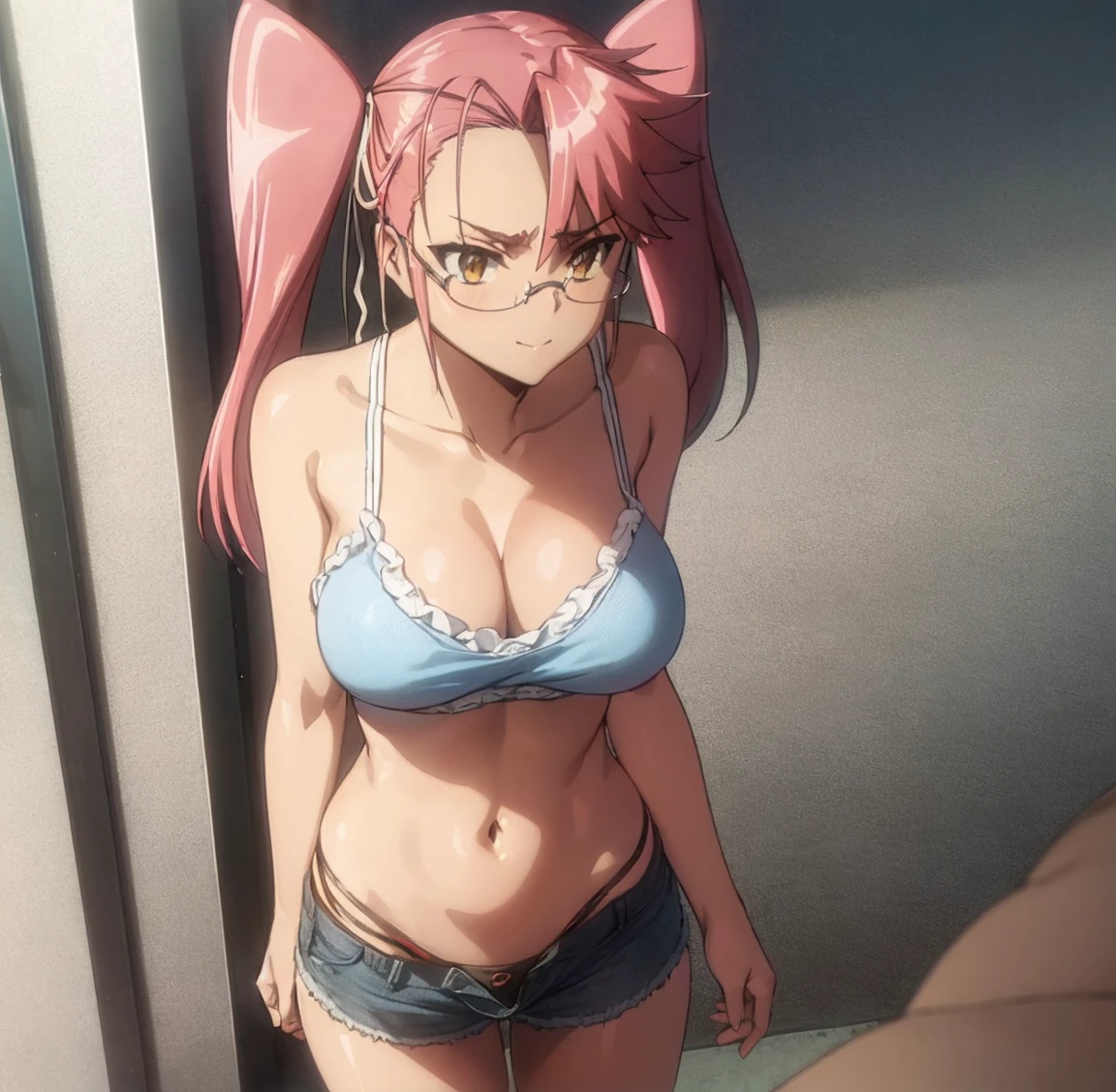 ((1girl)),((alone)),takagi saya,(masterpiece), (best quality), (ultra detailed), (best illustration), (best shadow), (absurdities), sharp focus, cowboy photo , looking at viewer, big breasts, narrow waist, wide hips, medium thighs, round butt, dynamic posture, pink hair, two pigtails, glasses, underwear, shorts, panties, breasts, open fly, ribbon, navel, big breasts, pink camisole, cleavage, smile, bowknot panties, two sides up, abdomen, unbuttoned, black shorts, open shorts, denim, sitting, unbuttoned, , long hair, skirt, serafuku, , ribbon, yellow eyes, seductive smile, closed mouth, (sexy pose: 1.2), alone, standing: 1.3, outdoor, cityscape, streets, city, looking forward, ((focus on the breasts), point of view (from above), red blush, perfect anatomy, perfect hands