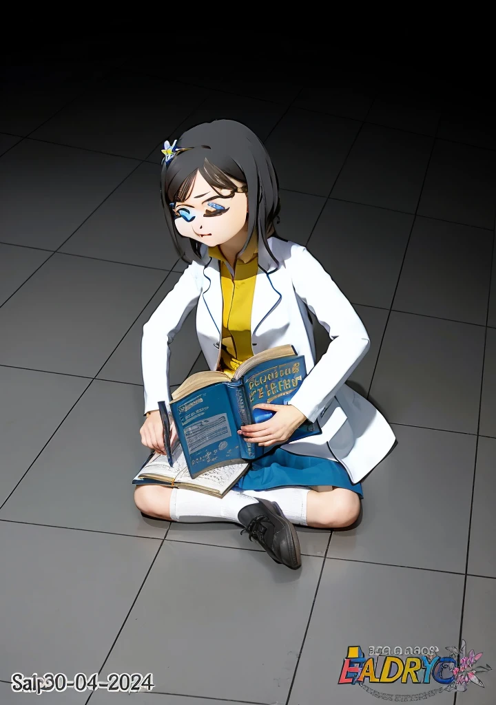 Girl, dark hair, blue eyes, flower hairpin, white lab coat, yellow shirt, blue skirt, black shoes, white socks, dark blue calculus book,writing,studying on the floor, half dark room