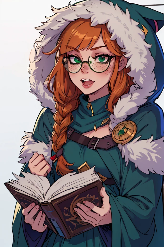 masterpiece, best quality, 1female, bunny ears, beautiful, aurora (league of legends), 1girl, freckles, bangs, braid, green cloak, fur trim, hood up, round optical eyewear, holding book, open book, bunny girl, cheerful
