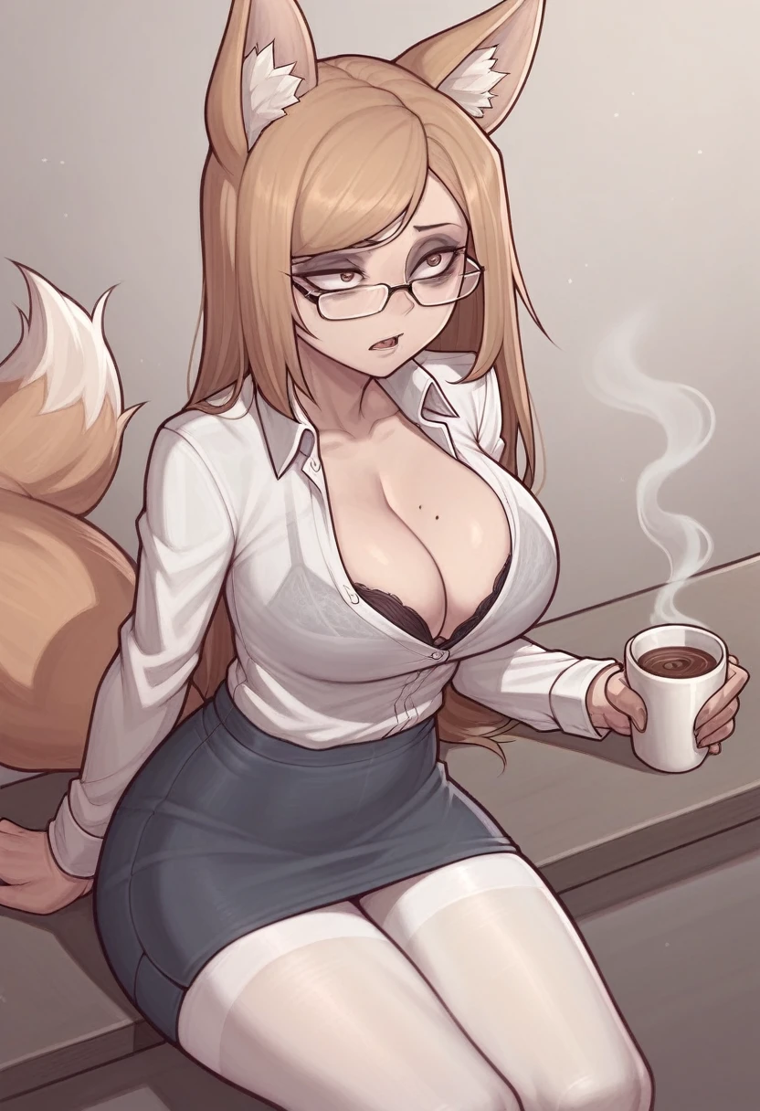 _asura style, 1girl, breasts, animal_ears, tail, solo, large_breasts, mole_on_breast, long_hair, brown_hair, pantyhose, mole, glasses, shirt, cleavage, underwear, fox_ears, fox_tail, coffee, cup, white_shirt, thighband_pantyhose, bra, animal_ear_fluff, bangs, long_sleeves, collared_shirt, holding, fox_girl, hangover afer a whole night of getting fucked,